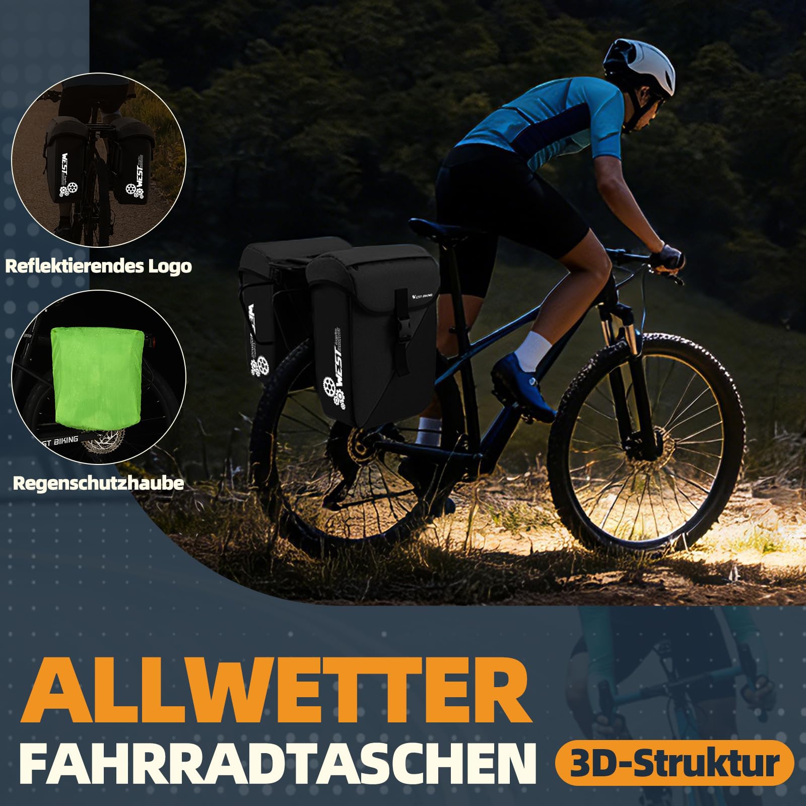 Sacoche de vélo, pour porte-bagages, grande capacité, réfléchissante, facile à nettoyer, avec compartiment pour ordinateur portable et poche zippée supplémentaire, pour vélo électrique, VTT et