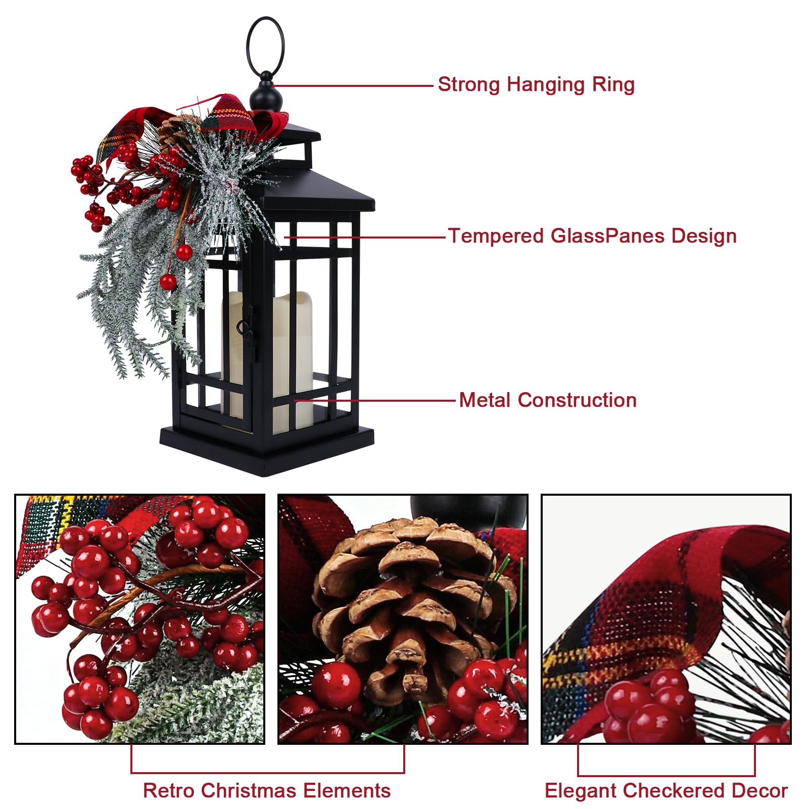 Paquete de 2 faroles de vela de Navidad de 14 pulgadas, linterna decorativa de Navidad colgante con adorno de Navidad para mesas de interior y hogar, chimeneas, patio al aire libre