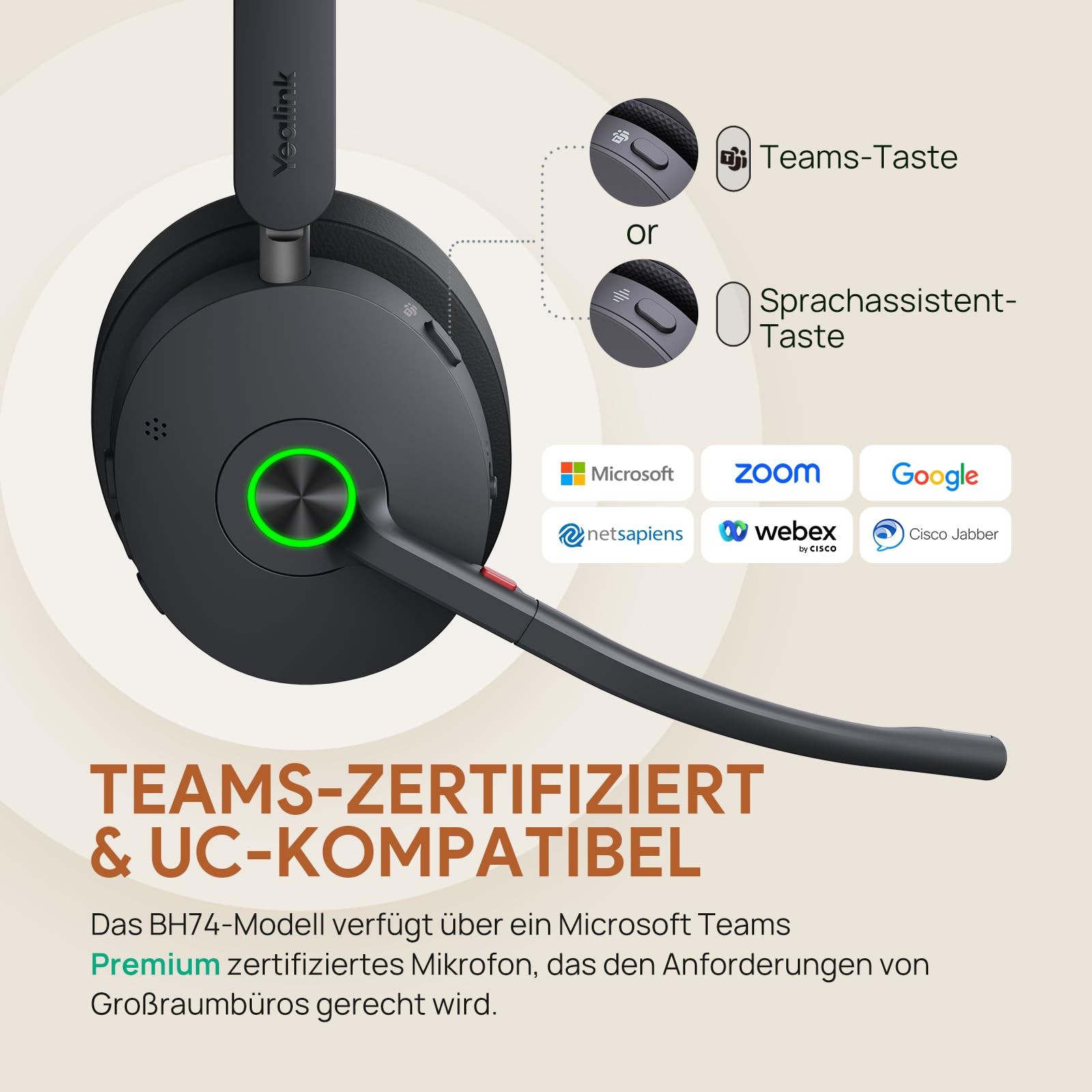 Yealink BH74 ANC Kabelloses Headset mit Mikrofon, 6-mics KI-Geräuschunterdrückung, Flip to Mute& Dongle, 32 Stunden Sprechzeit,Teams Zertifiziert, Komfort Business Kopfhörer für Homeoffice, Callcenter