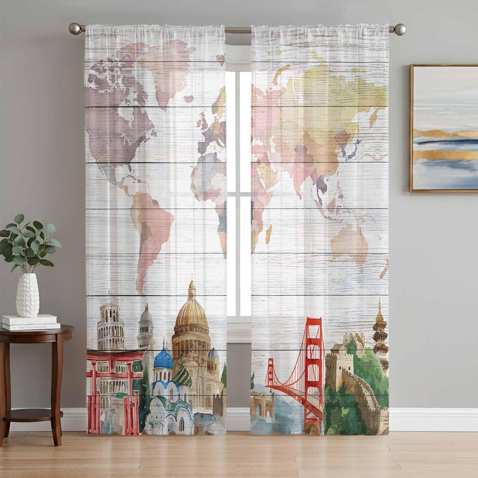 World Map Sheer Curtains 84 Inch Length 2 Panels Set, Country Famous Building Tourism Bridge Wooden Semi Transparent Voile Rod Pocket Curtains for Living Dining Room Bedroom Drapes 52'' x 84'' x2