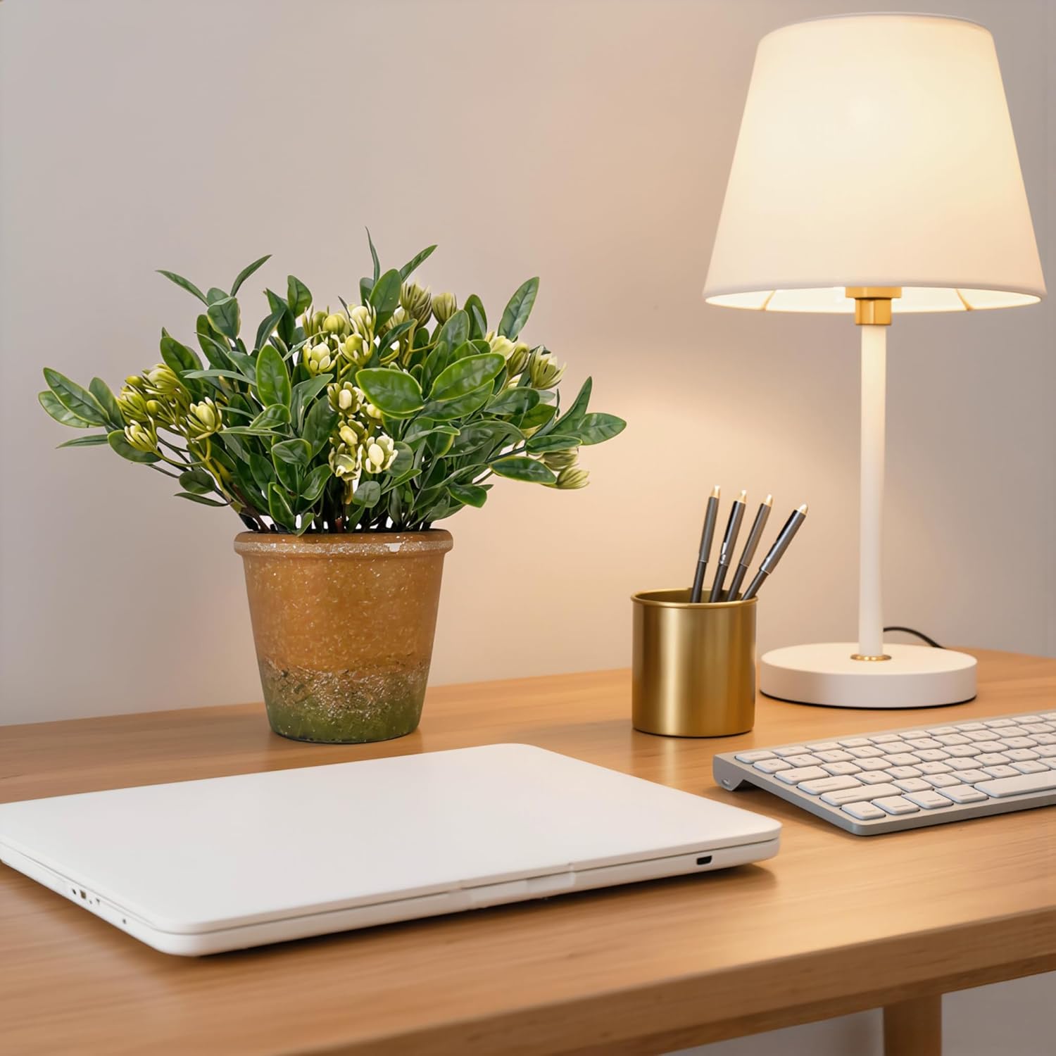MONOID Small Artificial Potted Plant for Desk, Faux Greenery with Ceramic Look Pot, Mini Fake Plant for Office Shelf Bathroom Home Decor