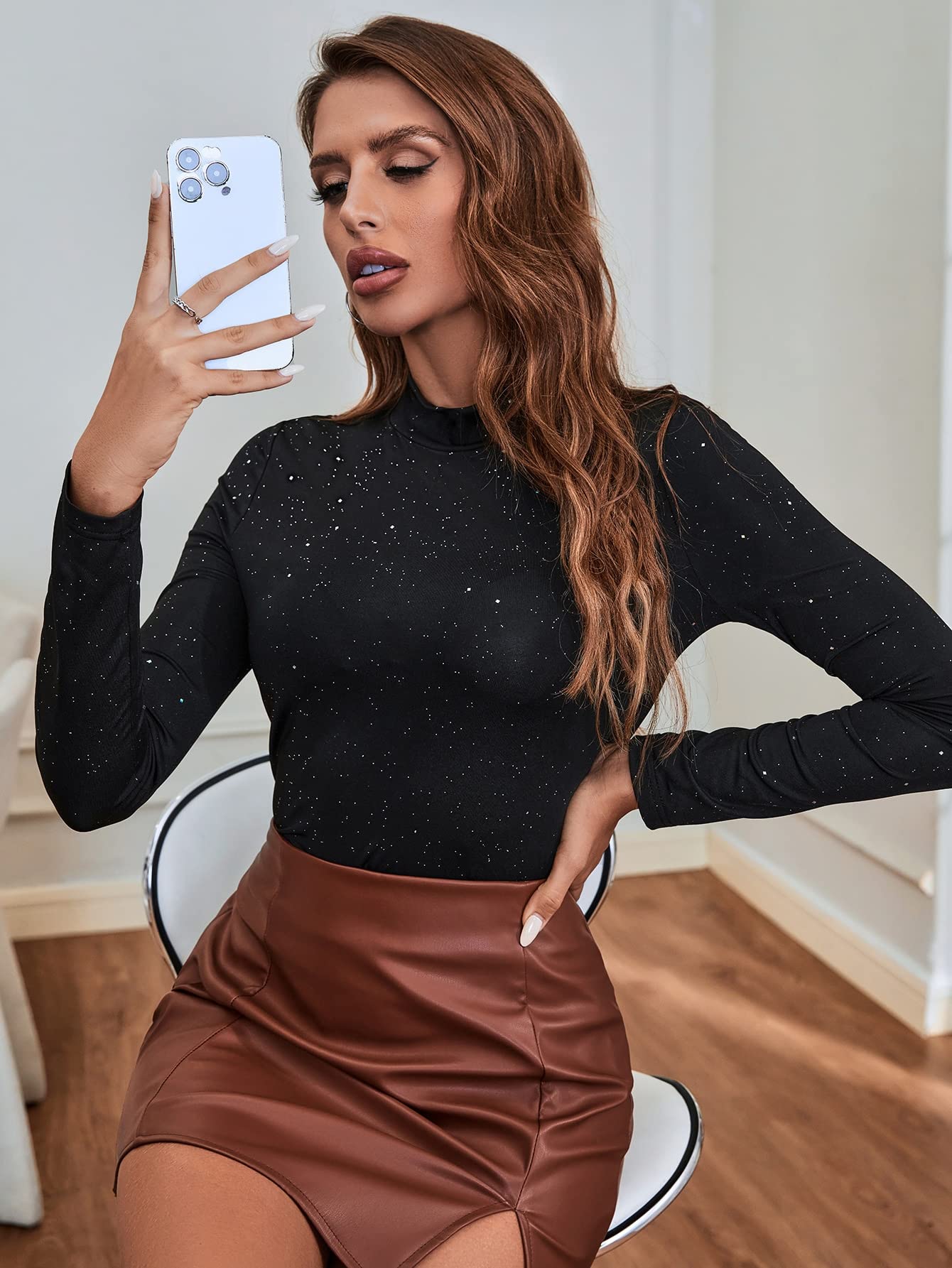 DSUBANDSUBAN T-shirt Mock Neck Glitter Tee (Color : Black, Size : L)