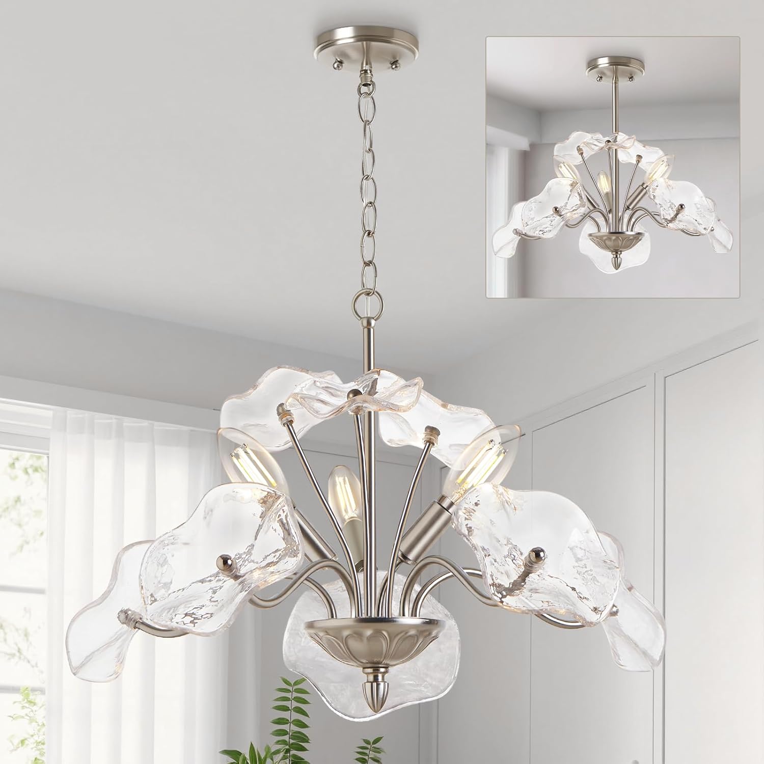 Luvkczc Modern Brushed Nickel Chandelier,Vintage Flower Glass Pendant Light Fixture,Mid Century Ceiling Light Fixture for Dining Room, Kitchen, Living Room, Bedroom Hallway Porch,3 Lights