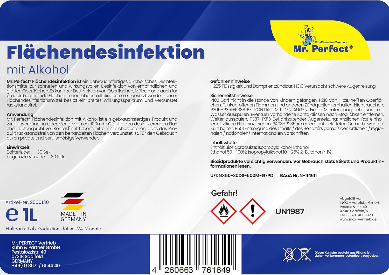 Mr. Perfect® alkoholisches Flächendesinfektionsmittel 5L Kanister + 1L Spray | Hochwirksame Flächendesinfektion mit Alkohol | Desinfektionsmittel für alle glatten Oberflächen | Bundle Set