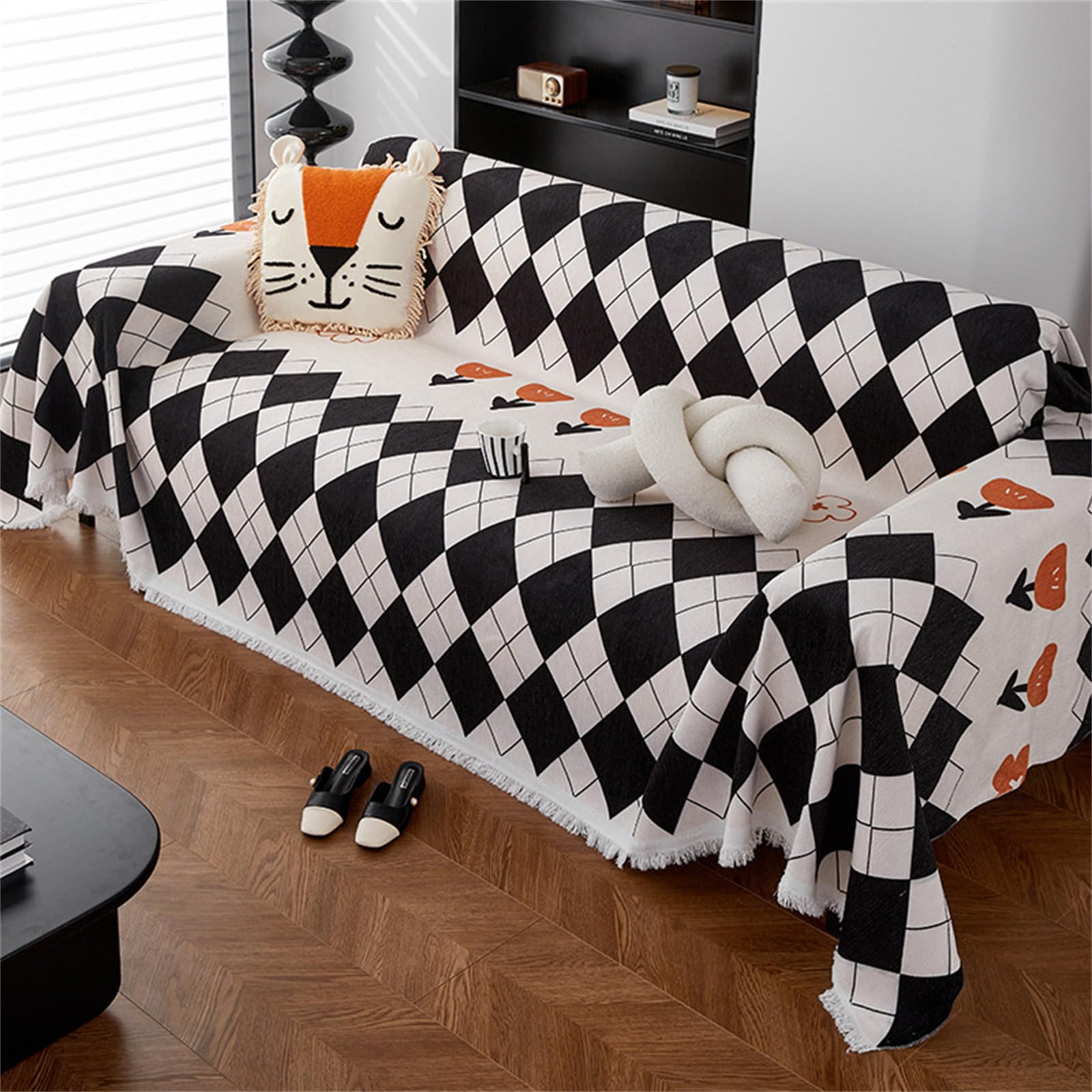 Highdi Housse de Canapé Losange Multicolore Extensible Serviette de canapé Anti-poussière Canapé Couverture Protège Canapé Chat Anti Griffe, Canapé Serviette Lavable (180x380cm,Noir)