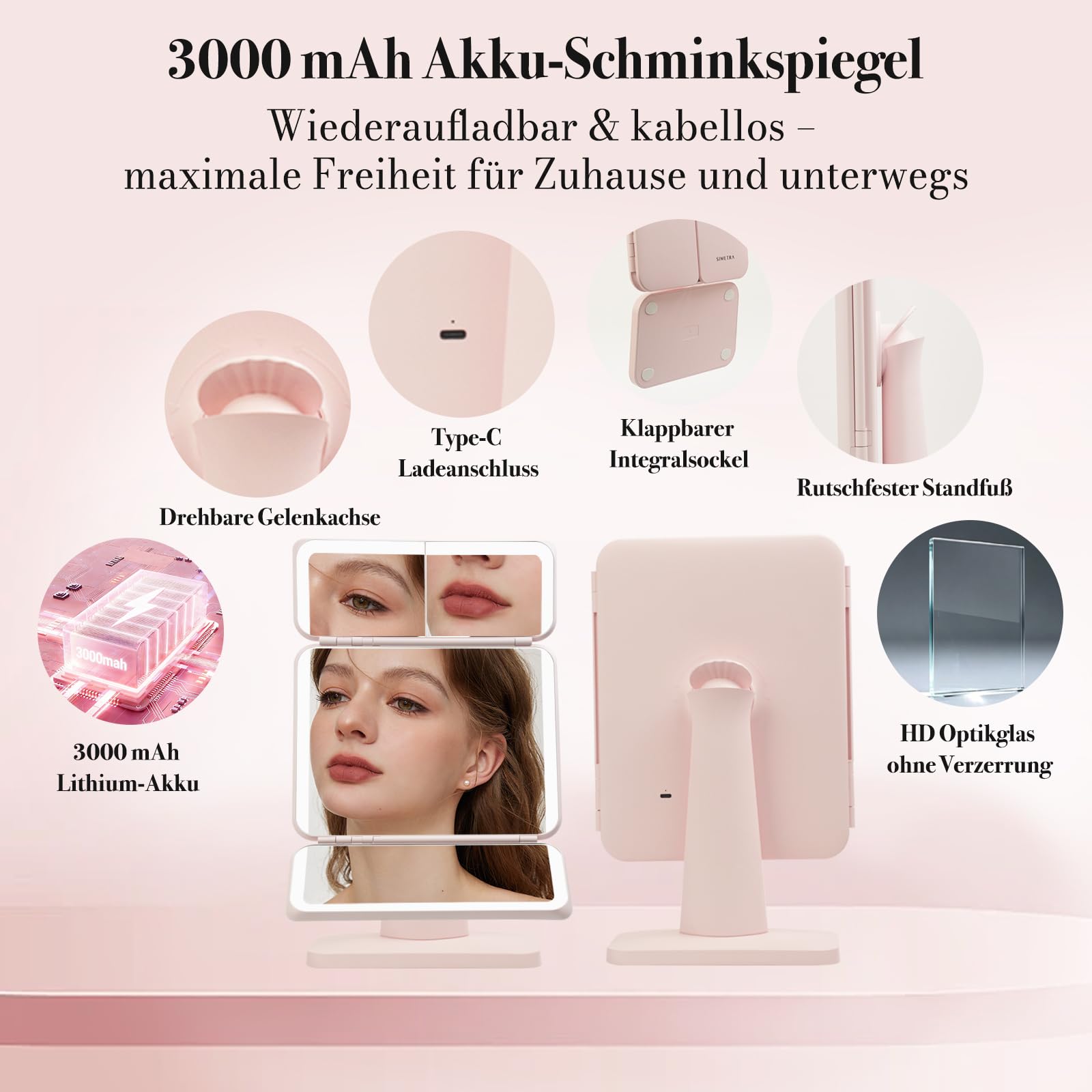 SIMETRA Schminkspiegel mit Beleuchtung, Wiederaufladbarer Kosmetikspiege