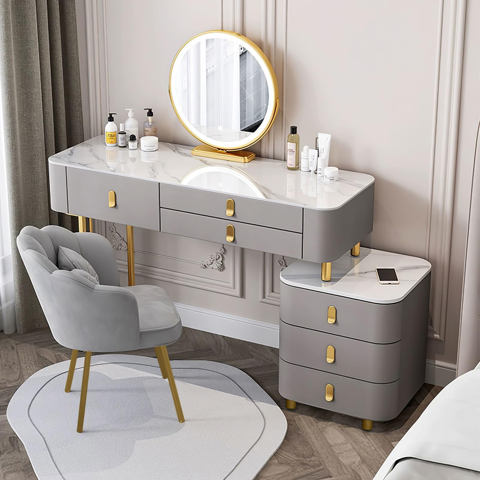 WinfreeMakeup Vanity Desk with Mirror and Lights,Makeup Dressing Table with Storage Cabinet and Chair,3 Color Touch Screen Mirror,White Vanity Set Makeup Desk for Bedroom (Grey)