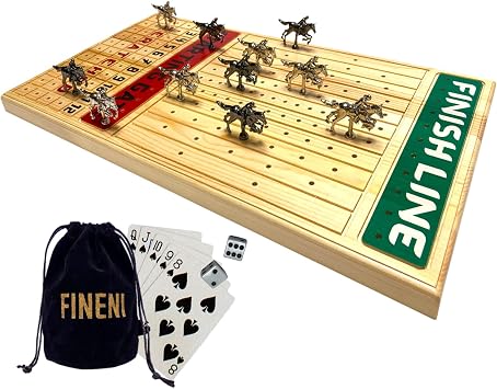 Horse Racing Game for Adults, Horse Race Board Game with 11 Luxurious Metal Horses Silver, Black, 22 Pine Wood Horse Race Game Board, Dice & Card Included Log Color2