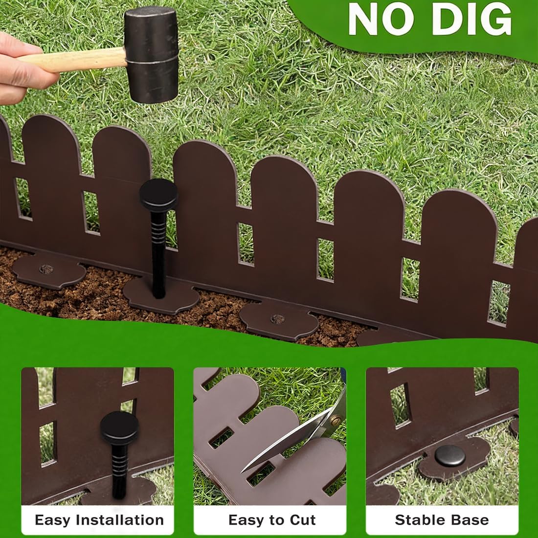 Landscape Edging Borders 5.5IN x 49FT, Garden Edging Border with 75pcs Plastic Spikes, Arched Design Flexible Lawn Edging Without Digging, Landscaping DIY for Tree Flowerbeds Grass Yard -Brown