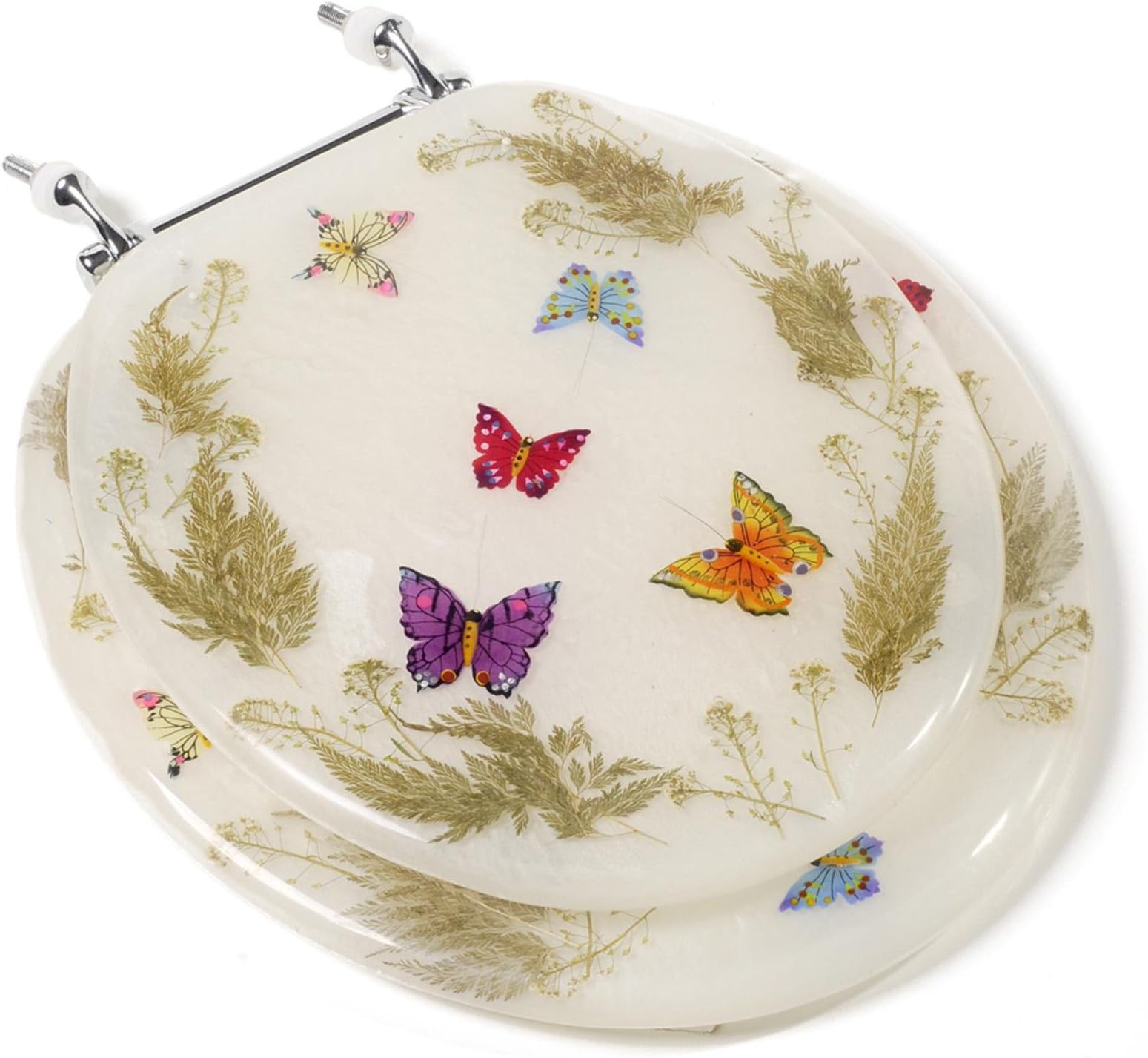 Comfort Seats C1B6R9-BFCH Acrylic Toilet Seat with Chrome Hinges, Round, Butterflies