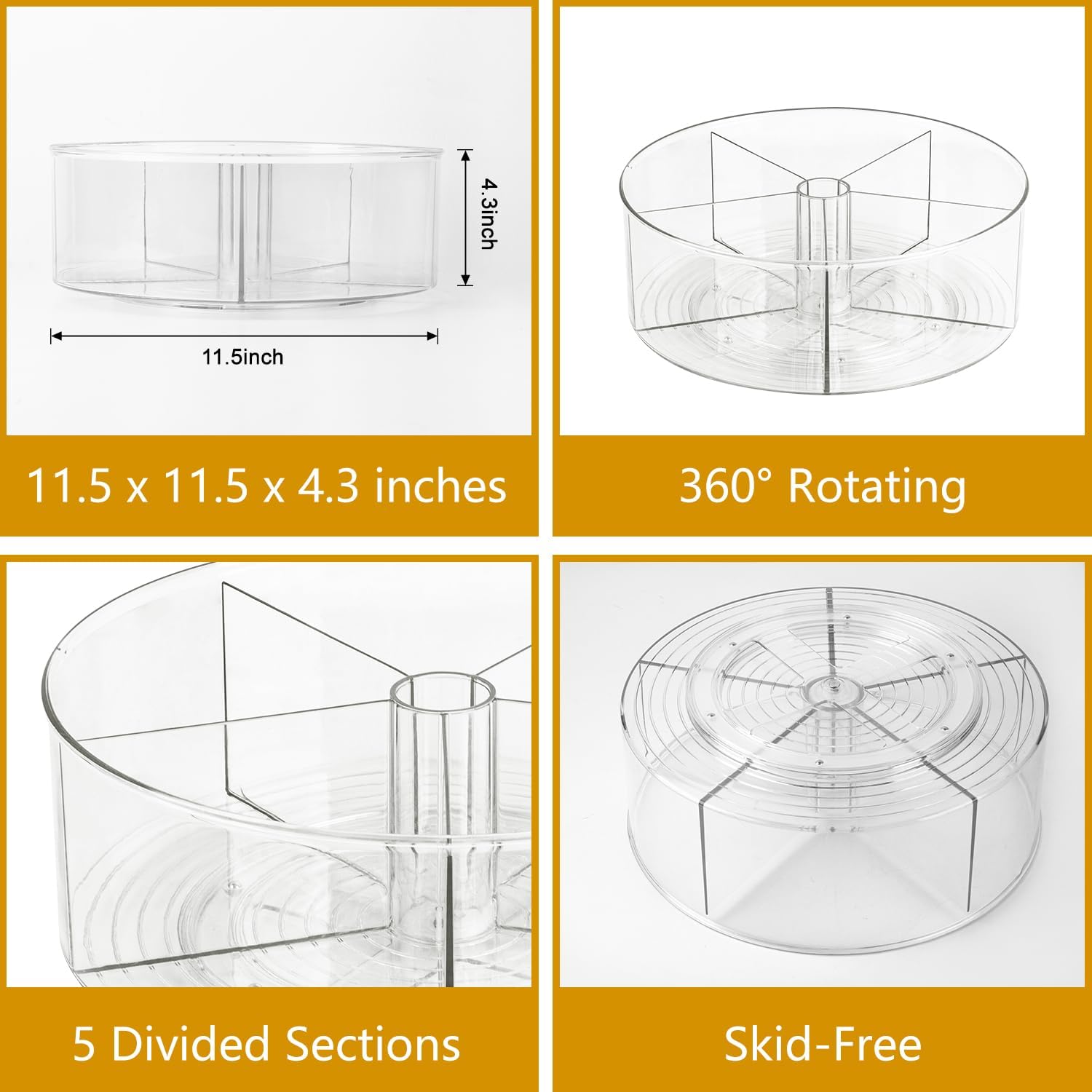 Large Lazy Susan Rotating Turntable Organizer with 5 Dividers - for Kitchen, Bathroom, Cabinet, Pantry, Fridge, Countertop, Vanity - Spinning Food Storage Container for Spices, Condiments-11.5", Clear