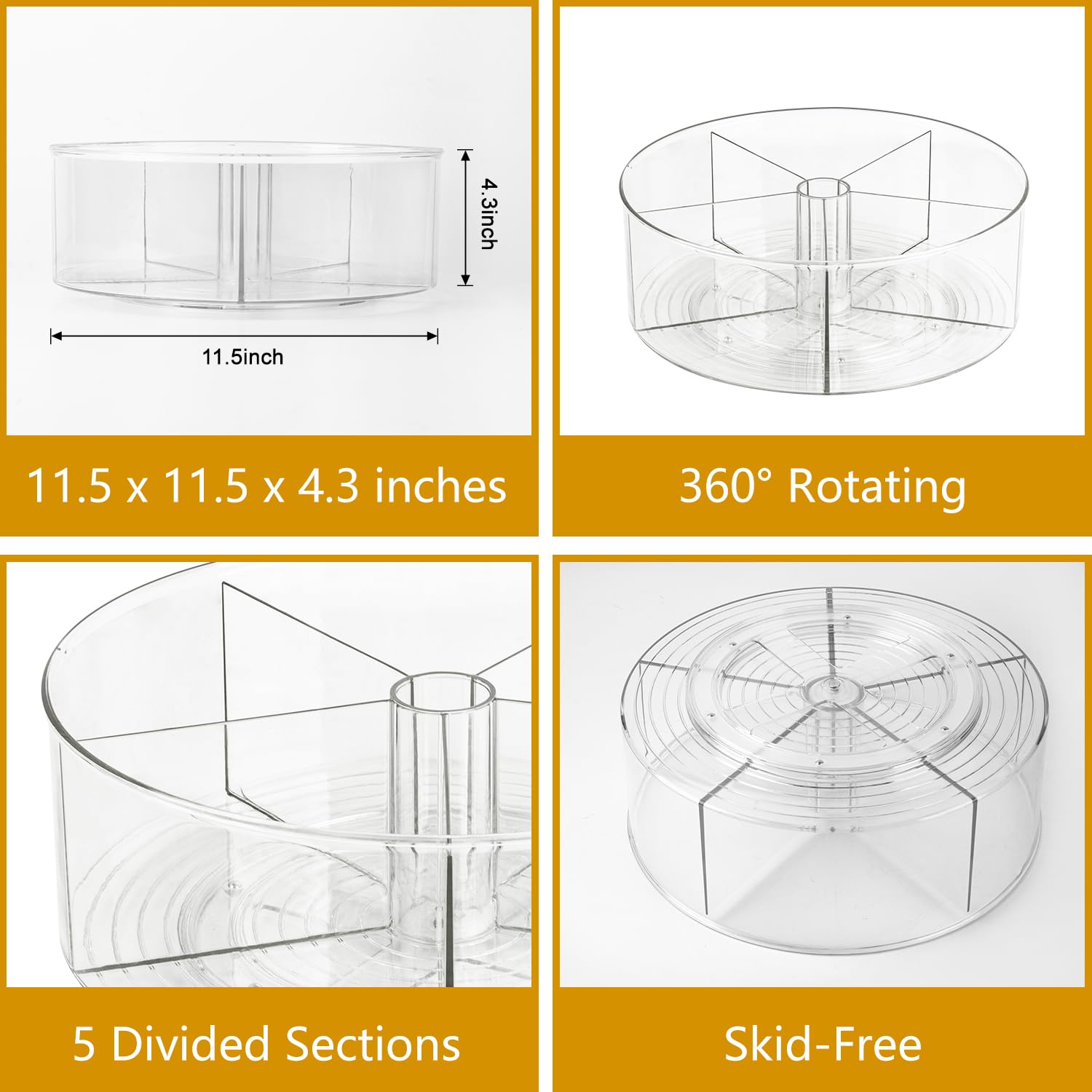 Lazy Susan - Organizador giratorio grande con 5 divisores, para cocina, baño, gabinete, despensa, nevera, encimera, tocador, contenedor giratorio de almacenamiento de alimentos para especias,
