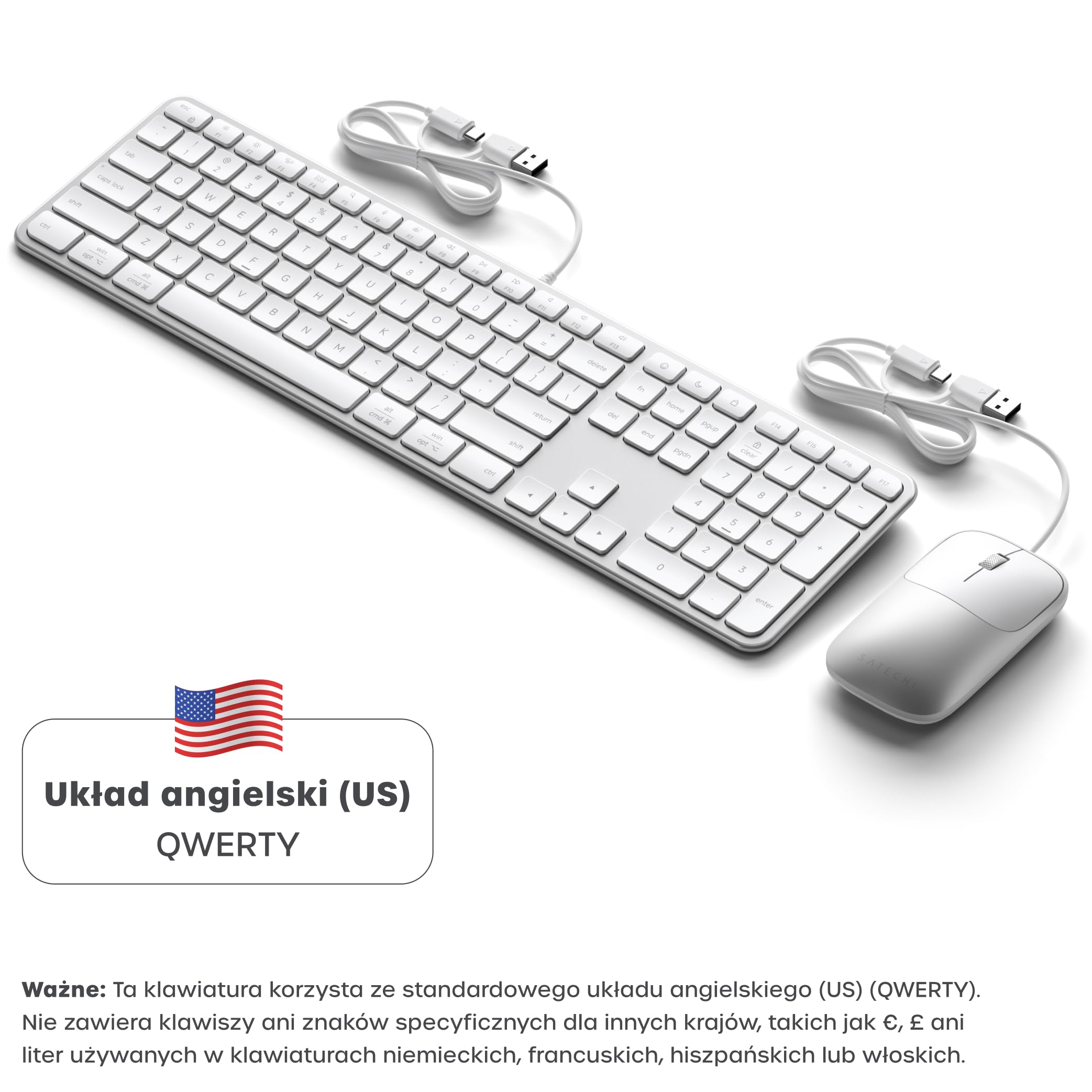 SATECHI klawiatura i mysz CLX3, amerykański układ QWERTY, srebrne | Plug and Play przez USB-C, zgodność z macOS i Windows oraz urządzeniami z Androidem