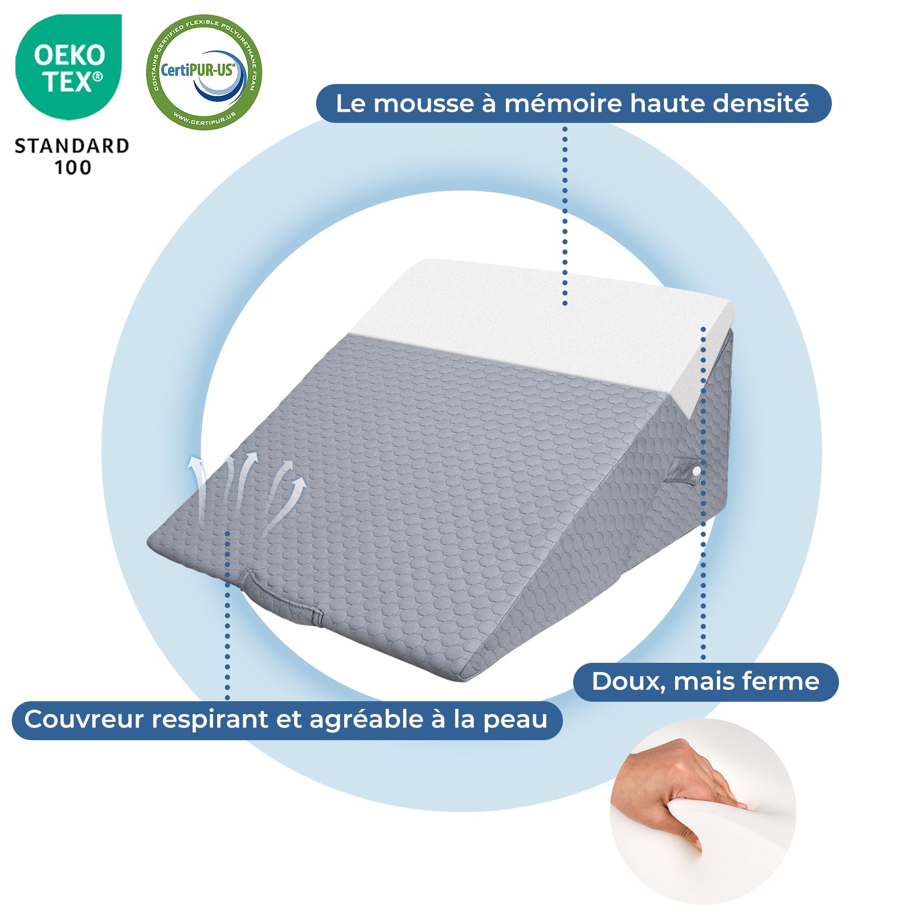 INFANZIA Coussin incliné pour lit, Coussin de Coin, Oreiller Triangle Pliable en mémoire de Forme pour l'apnée du Sommeil, Reflux Acide (Gris)