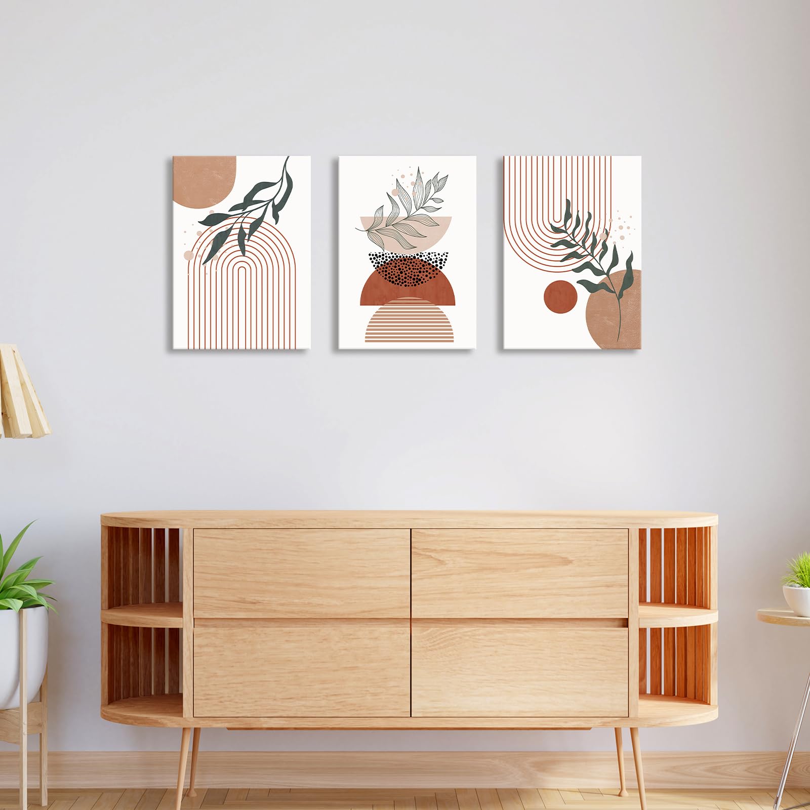 3 Pcs Wooden Framed Canvas Wall Art Set Bohemian Sage Green Canvas Prints Poster Geometric Line Beige Green Pictures for Living Room Bedroom Dinning Room Hallway Stairs Wall Decor 30x40cm x3pcs — view 458