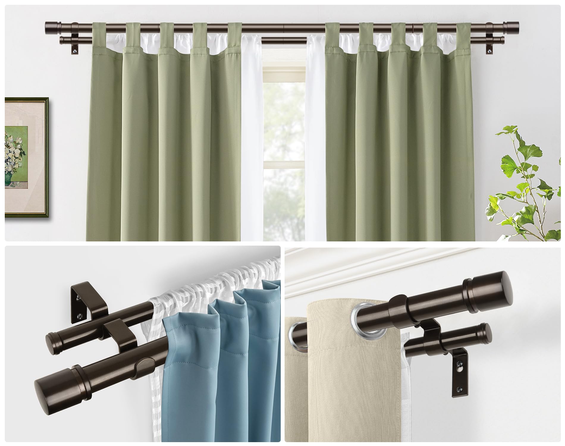 HOTOZON Barra de Cortina Doble 80-365 cm, 25 mm Diámetro Barra Cortinas Bronce Extensible con Remates Clásicos, Juego de Barra de Cortina Doble para Baño, Salón, Dormitorio