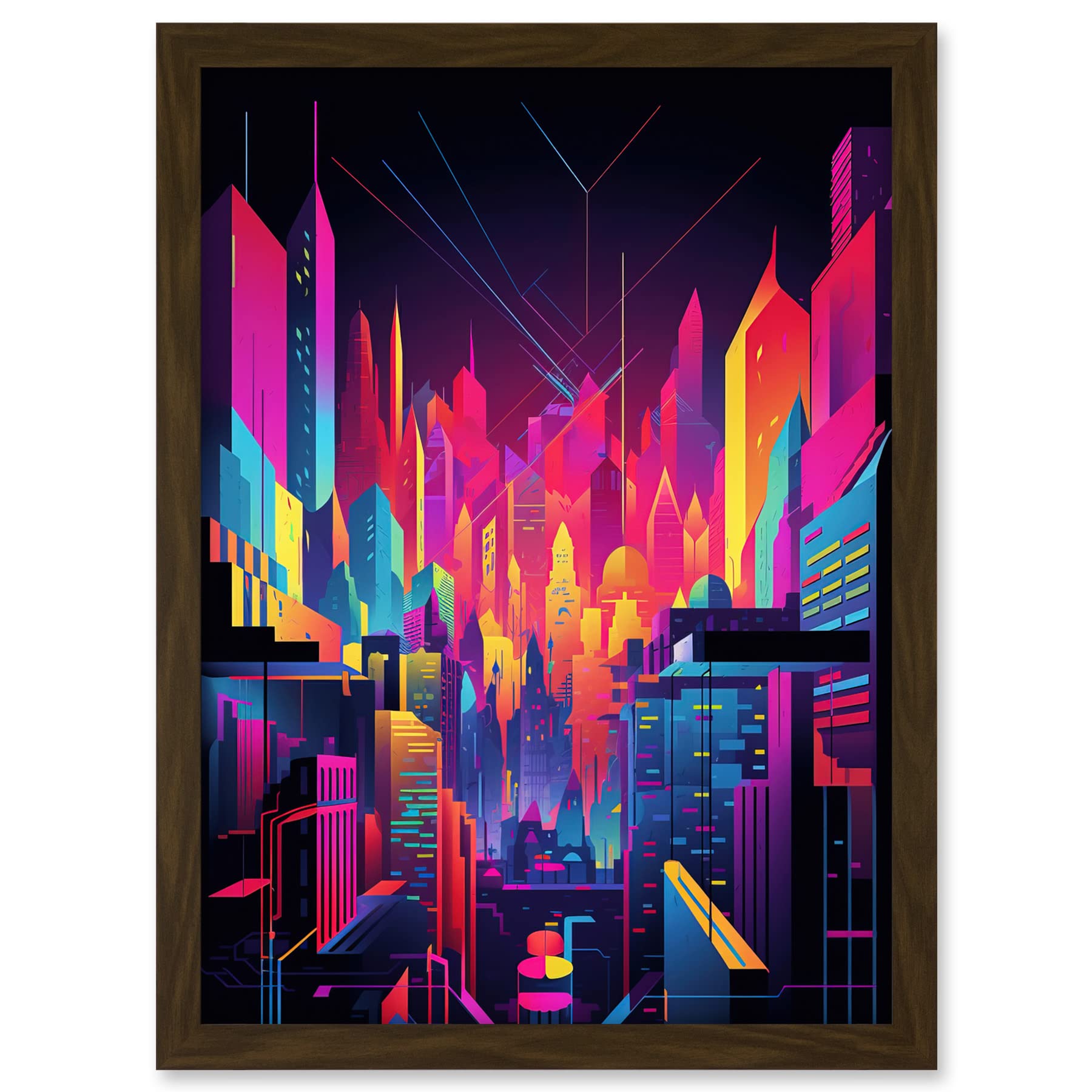 Artery8 Neon Light Colour Abstract Metropolis Cityscape at Night Modern Artwork Artwork Framed A3 Wall Art Print