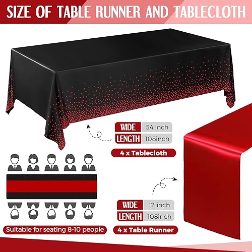 Miniatura 2 de Breling Paquete de 8 manteles de plástico desechables y camino de mesa satinado color negro y rojo, manteles de 54 x 108 pulgadas, caminos de mesa