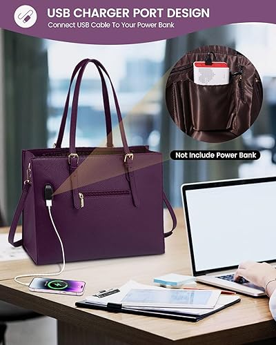 Miniatura 4 de LOVEVOOK Bolsa para laptop de 15.6 pulgadas para mujer, maletín de trabajo grande de piel sintética impermeable con puerto de carga USB, casual,
