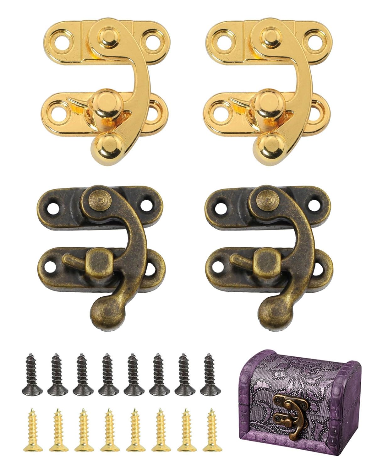 Gancio a scatto destro,Antico vintage a sgancio rapido,Gancio a scatto destro,Decorativo antico, per piccola scatola di legno,Scatola per vino con viti (2 Oro + 2 Bronzo)