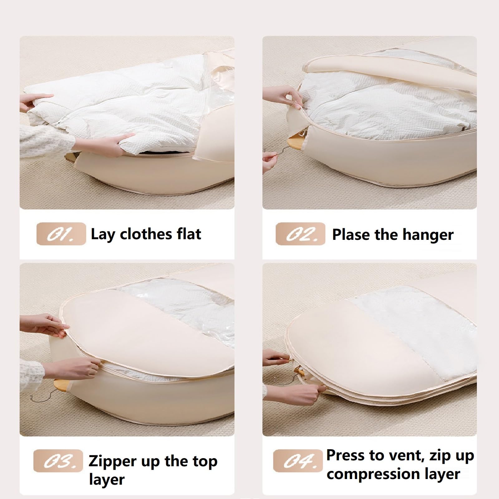 Lot 3 Sacs De Rangement Sous Vide à Suspendre - Compression Sans Aspirateur, Transparents - Pour Doudounes, Manteaux (Taille M+L+XL)