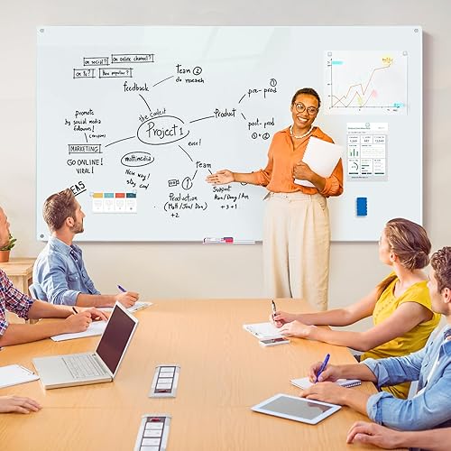 Miniatura 2 de Pizarra blanca magnética de vidrio de 6 x 4 pies, 72 x 48 pulgadas, pizarra de cristal de borrado en seco para montaje en pared, gran pizarra