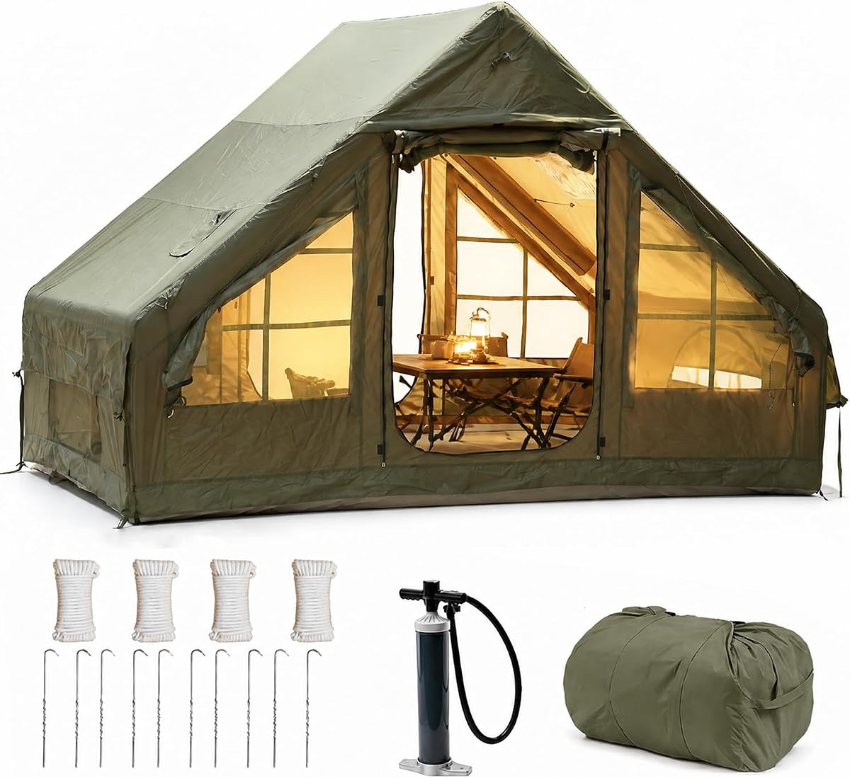 4-6 Person Inflatable Camping Tent, Panoramic PVC Skylight & Privacy Cover, 420D Oxford Waterproof UPF30+, PVC Air Beams, Mesh Ventilation, 5-Min Quick Setup Blow Up Tent for Family