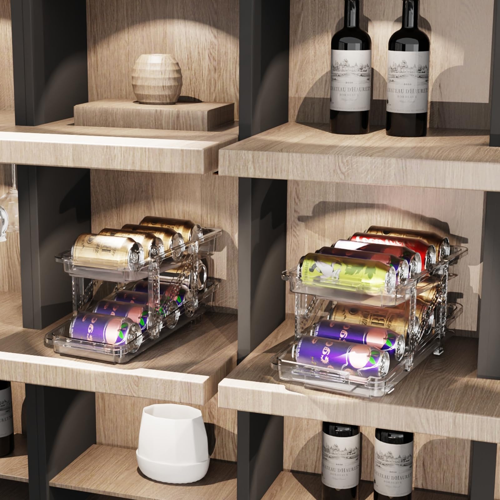 Organizador de bebidas para refrigerador, soporte de soda para refrigerador, dispensador de latas, ancho ajustable, adecuado para armario de almacenamiento y despensa, transparente (paquete 6