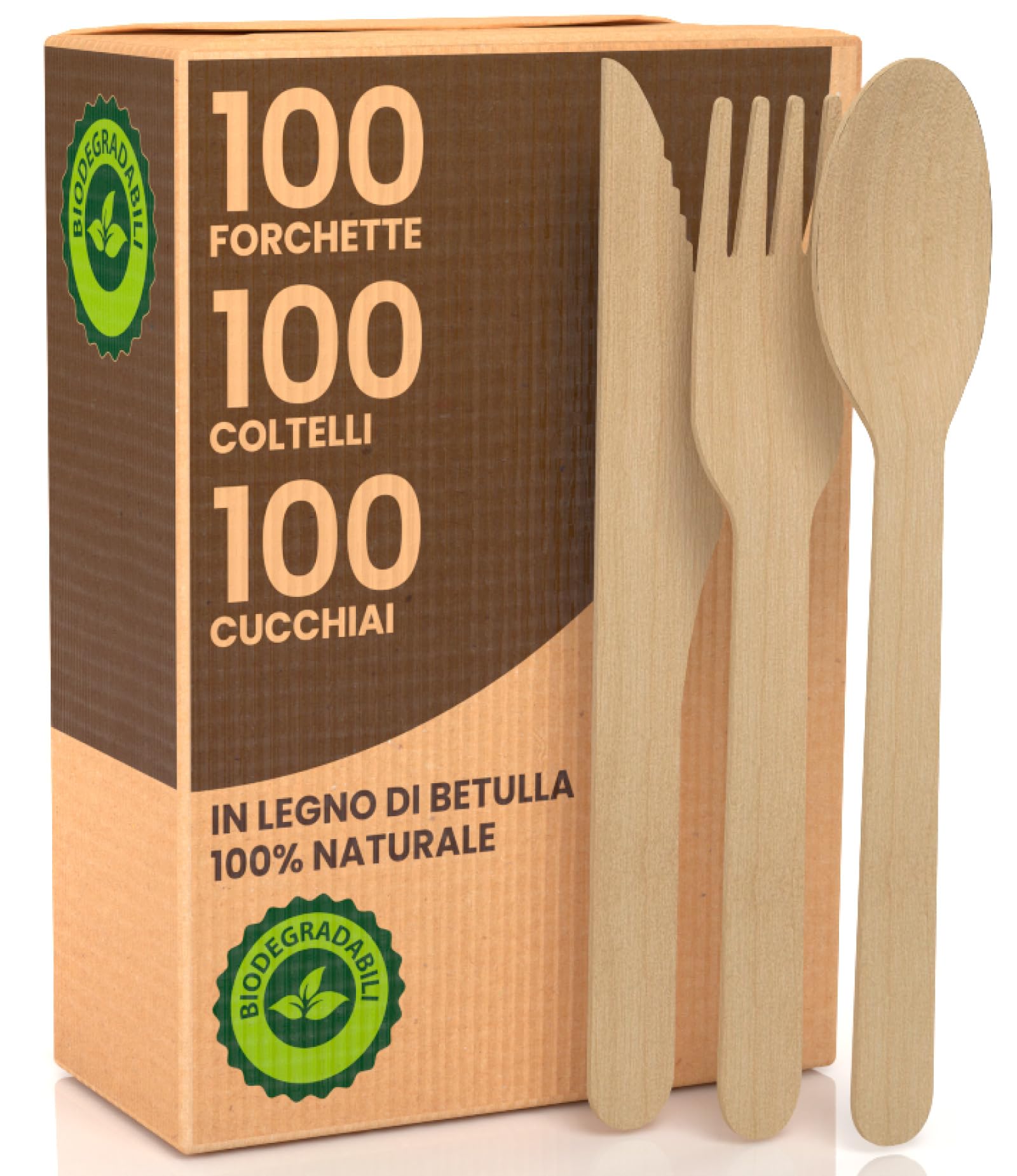Set Posate Ecologiche Monouso in Legno di Betulla - 100 Forchette + 100 Coltelli + 100 Cucchiai - Usa e Getta 100% Naturali Biodegradabili Compostabili