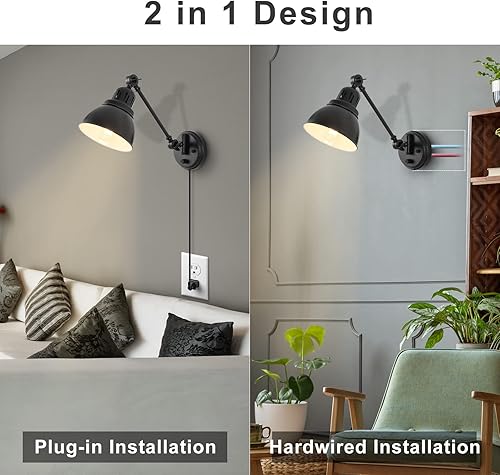 Miniatura 5 de ENCOMLI - Juego de 2 apliques de pared enchufables con interruptor de encendido y apagado regulable, lámpara de pared con brazo oscilante,