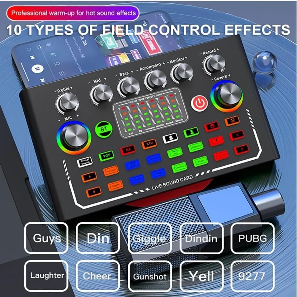 Mixer audio for giochi, bundle di apparecchiature for trasmissioni in diretta, Bluetooth, 10 effetti sonori, 6 modalità, riduzione intelligente del rumore, scheda audio live plug-and-play(Combo1)