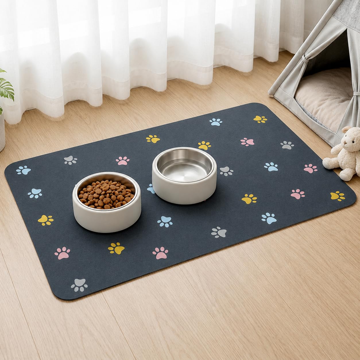 Pet Feeding Mat 40 X 60 Cm, Absorbent Quick Dry Dog Bowl Placemat with Non Slip Waterproof Rubber Backing for Food and Water Bowls, Dogs and Cats, Dark Grey Paw Print