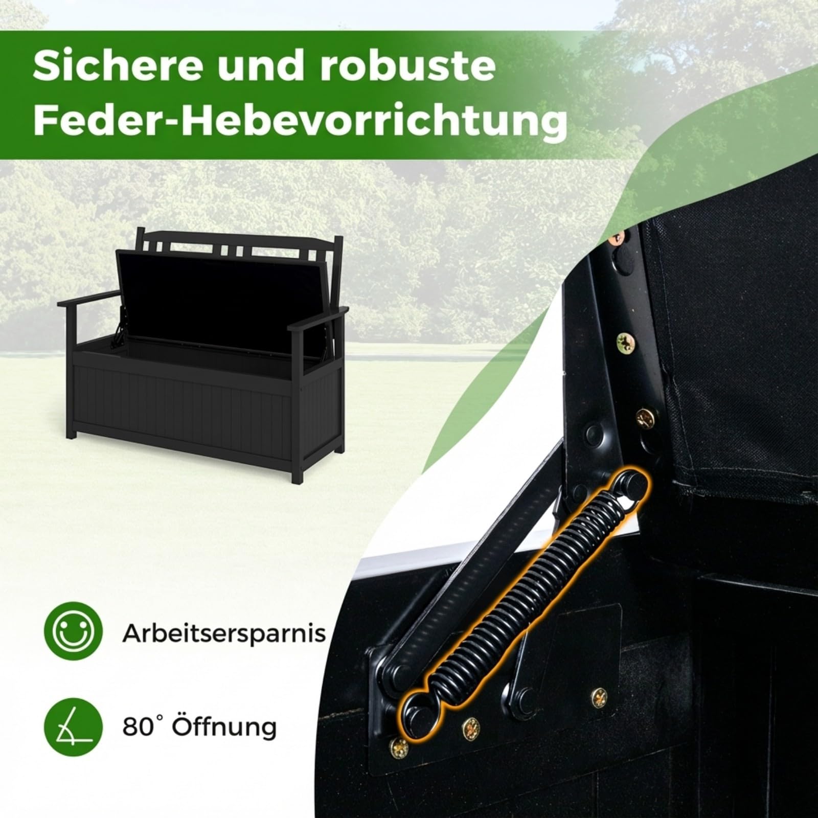 COSTWAY Gartenbank Holz mit Stauraum, wetterfeste Truhenbank, 2-Sitzer Holzbank mit integrierter Kissenbox, Balkonbank, Sitzbank für Garten, Balkon, Terrasse, 123 x 68,5 x 96 cm (Schwarz)