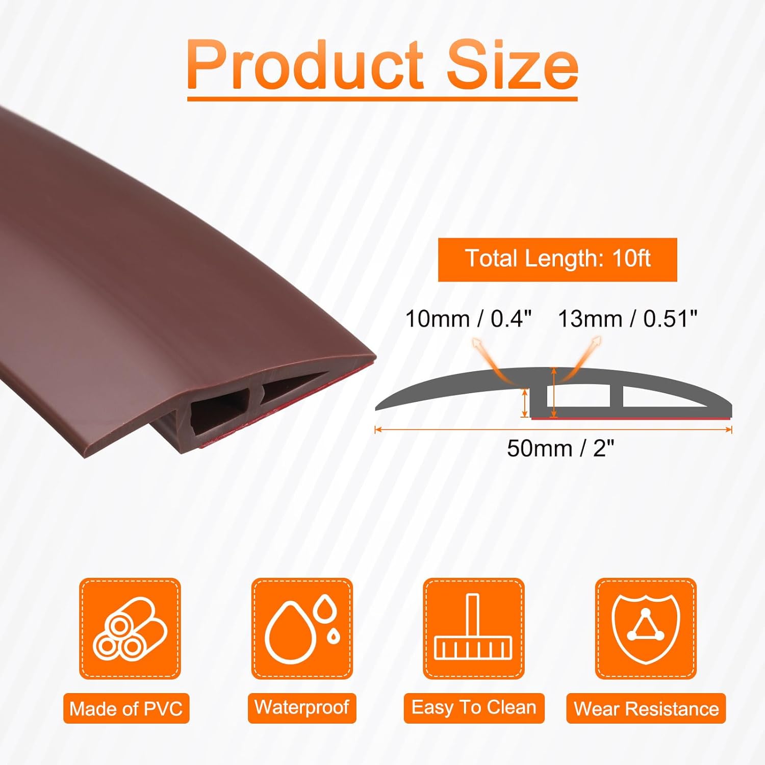 HARFINGTON Floor Transition Strip 2" 10ft Self Adhesive PVC Carpet to Tile Transition Edging Trim Peel and Stick Cover Strip for Uneven Floors Height 10mm, Coffee Color