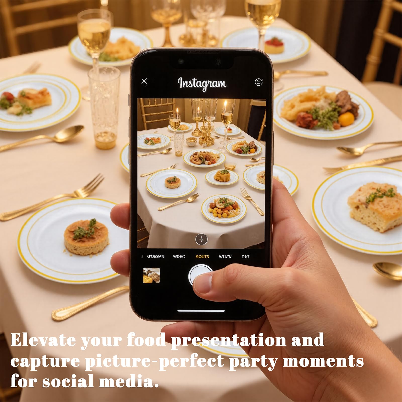 WELLIFE 350-Piece Gold Disposable Plates and Cutlery Set - Premium 10.25" Dinner Plates, 7.5" Dessert Plates, 9oz Cups & Cutlery for Weddings, Catering Events - 50 Guest Service - Elegant & Sturdy