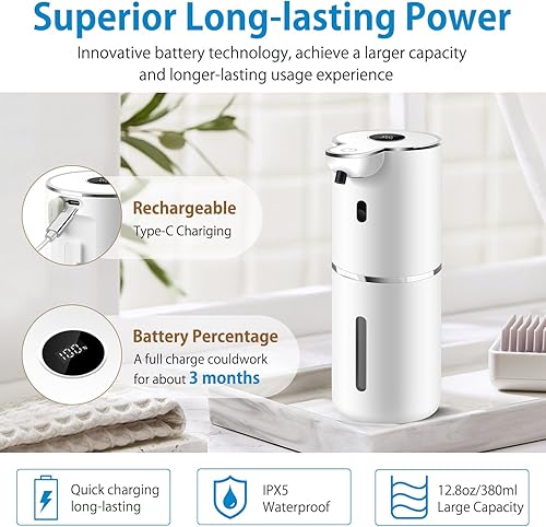 Miniatura 4 de Dispensador automático de jabón espumoso de 12.8 onzas, recargable y 6 niveles de espuma ajustable con pantalla digital, montaje en pared,