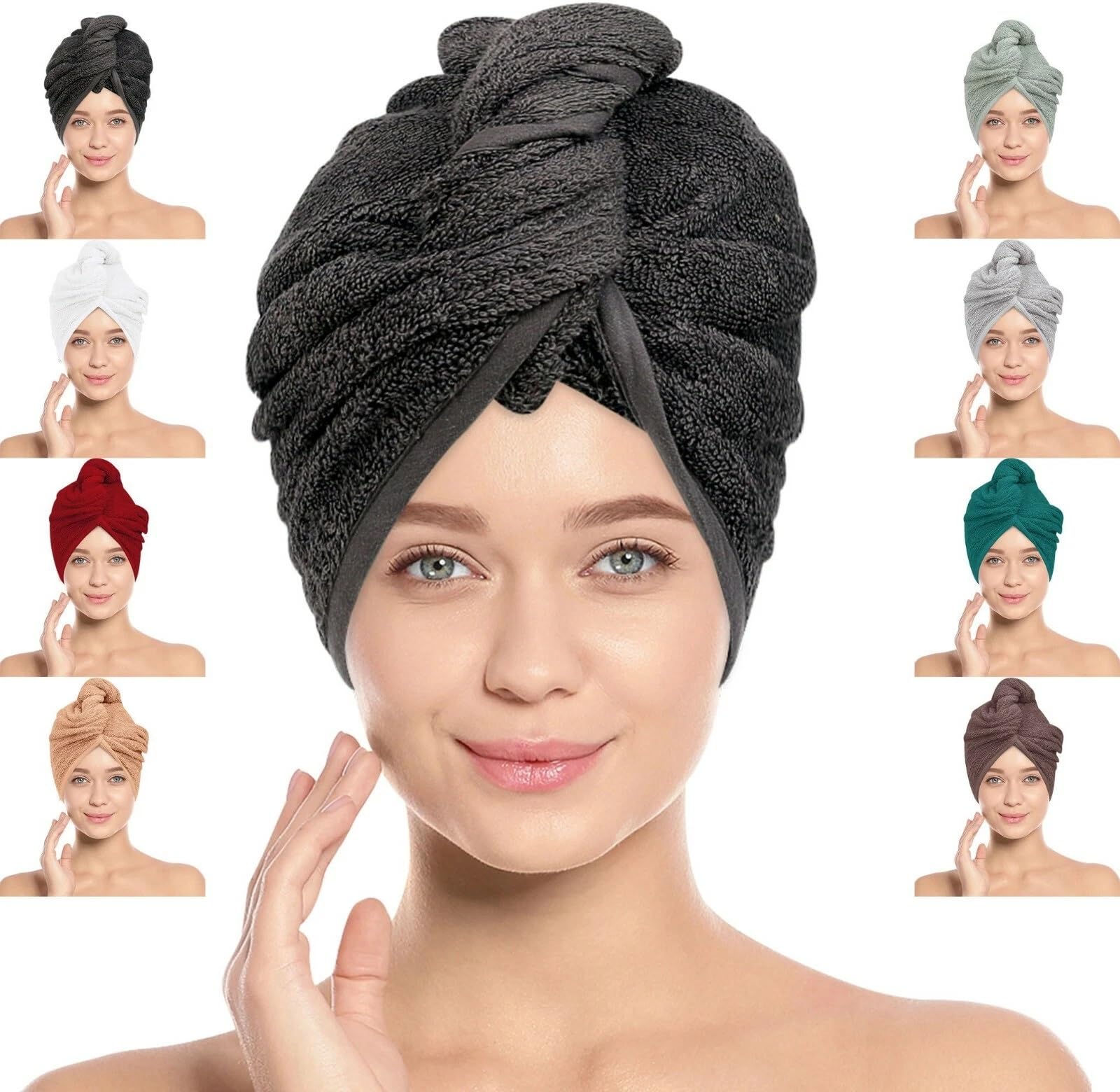 BAVIN Hair Towel Wrap, 100% Pure Cotton, Rapid-Dry Hair-Drying Turban, Ultra Soft and Quick Drying Absorbent, Anti Frizz Hair Large Towel with Button Loop, 66cm x 26cm (Grey, Pack of 2)