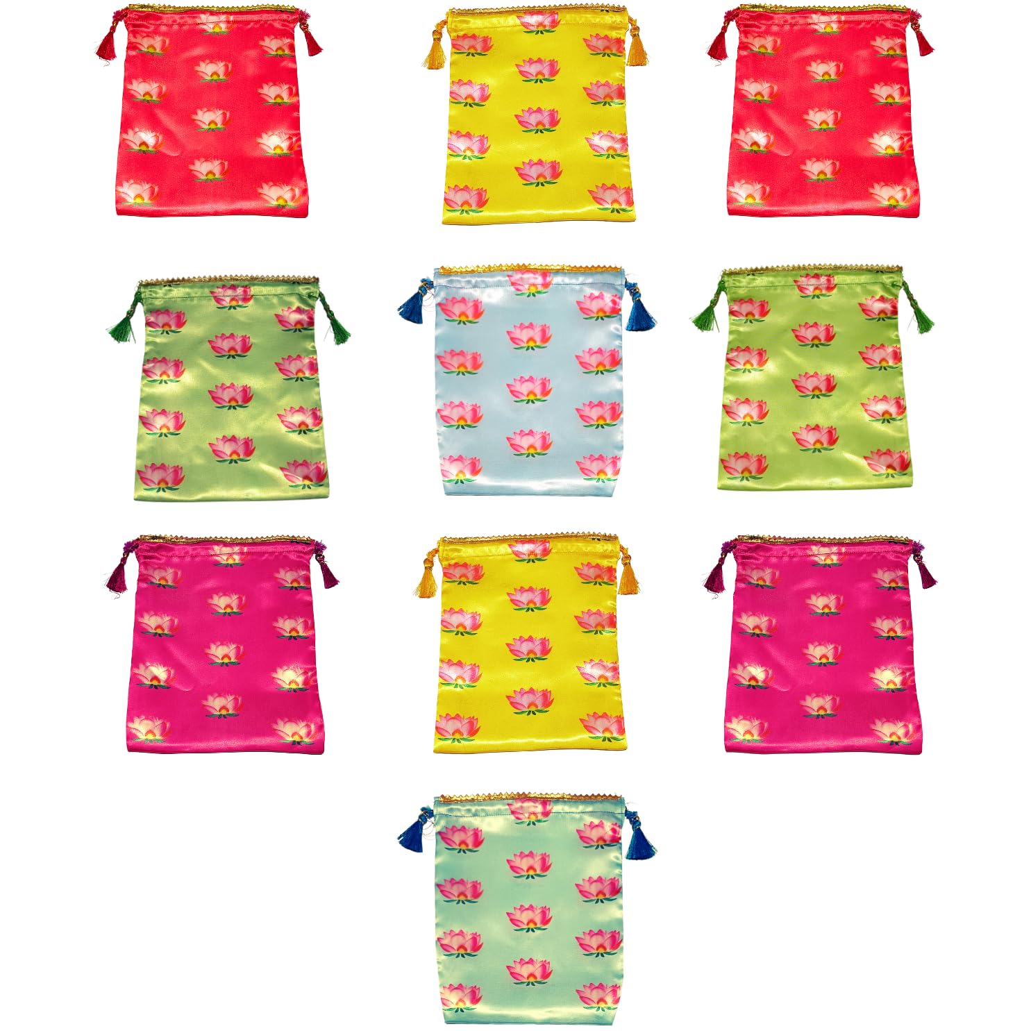 Pack of 10 Lotus Design Potli Bags - Womens Silk Drawstring Closure Gift Pouches - For Return Gifting - Potli Bags for Thamboolam - Fabric Potli Batwa Bag Bridal Purse (Multi-Color) (B0DF5HRVGZ) Amazon Price History, Amazon Price Tracker