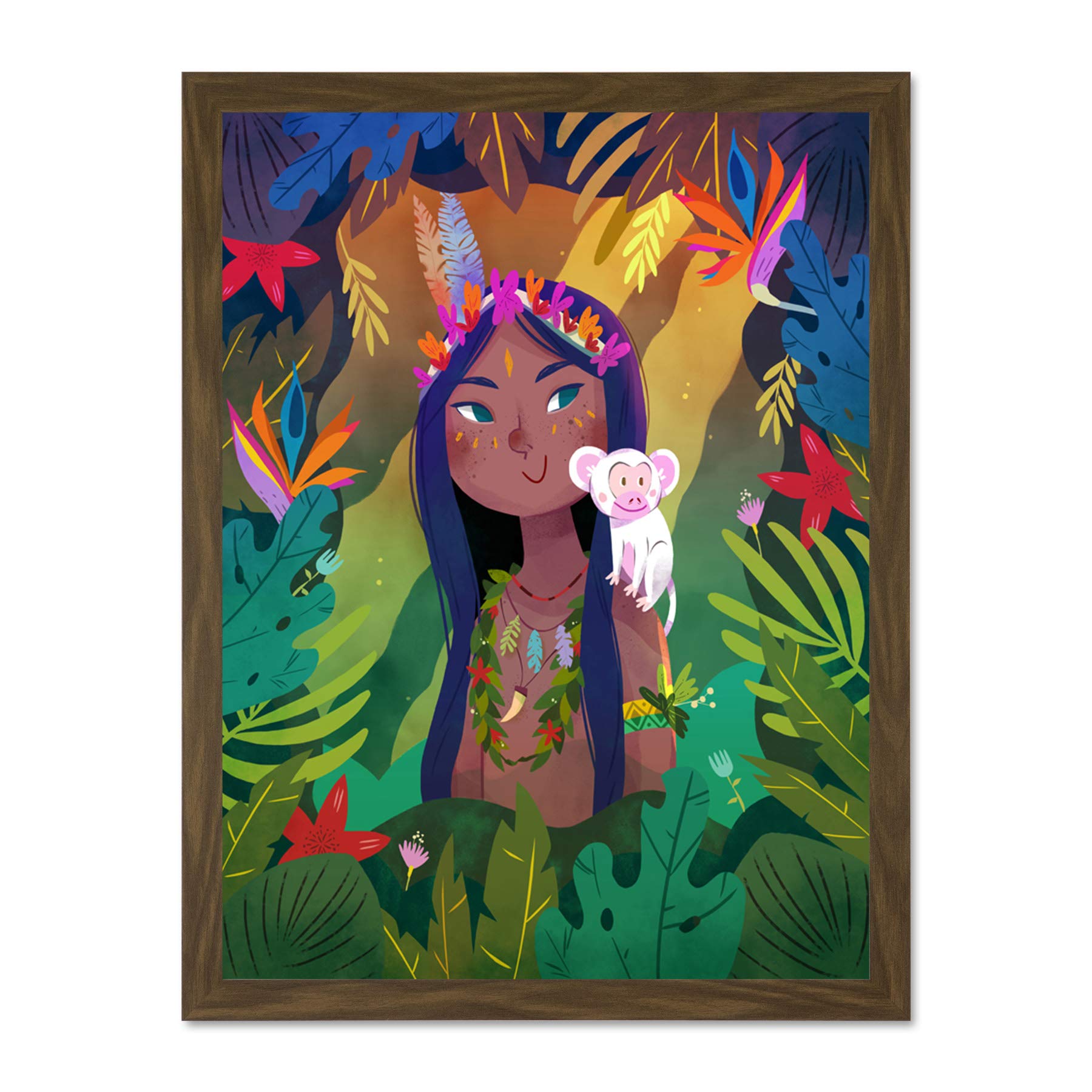 Wee Blue Coo Jungle Girl Flowers Monkey Wall Large Framed Art Print Poster Wall Decor 18x24 inch