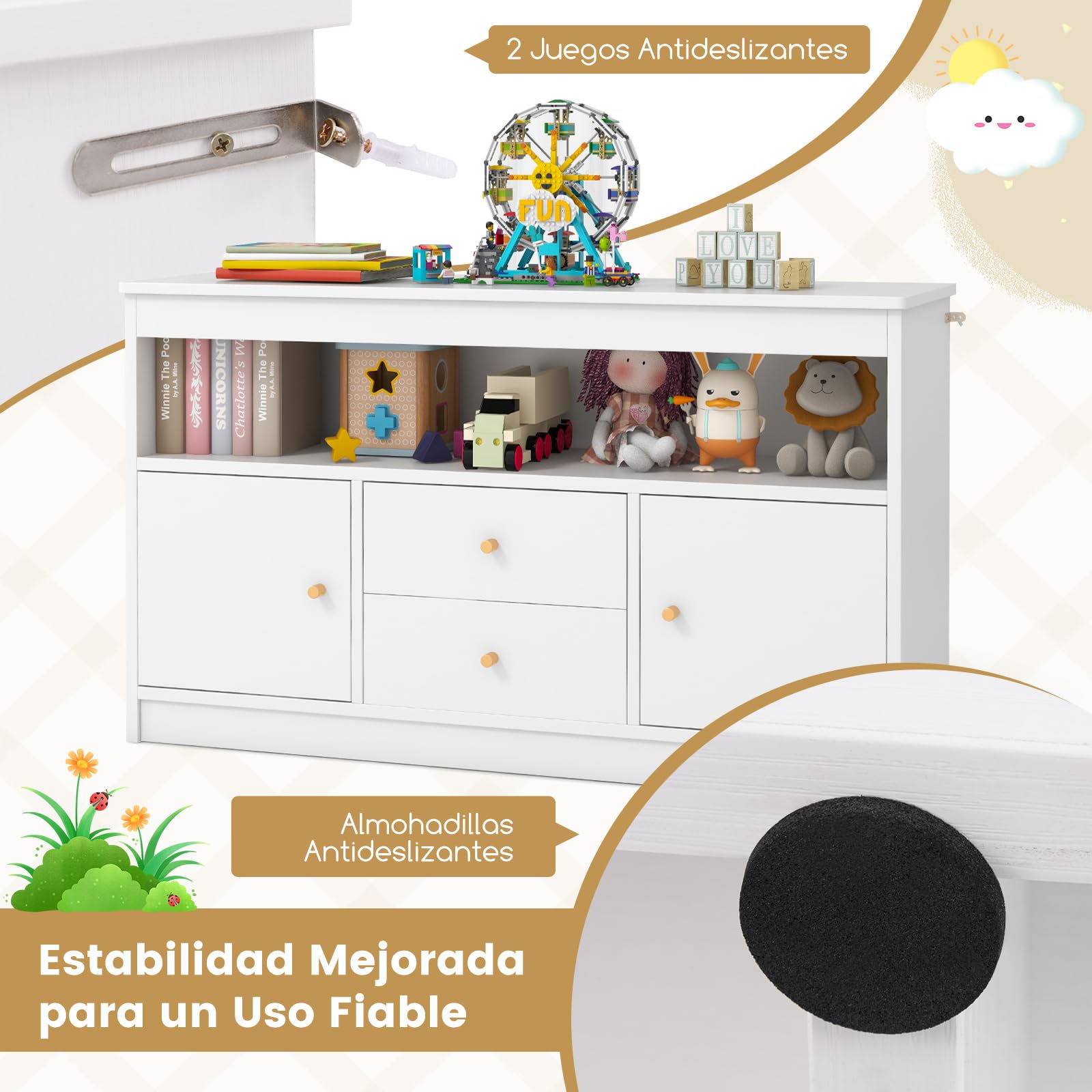 COSTWAY Armario de Juguetes para Niños, Estantería Infantil de Madera con Estante Abierto, 2 Cajones y 2 Puertas, Mueble Multifuncional para Salon, Dormitorio, Guardería, Jardín de Infancia (Blanco)