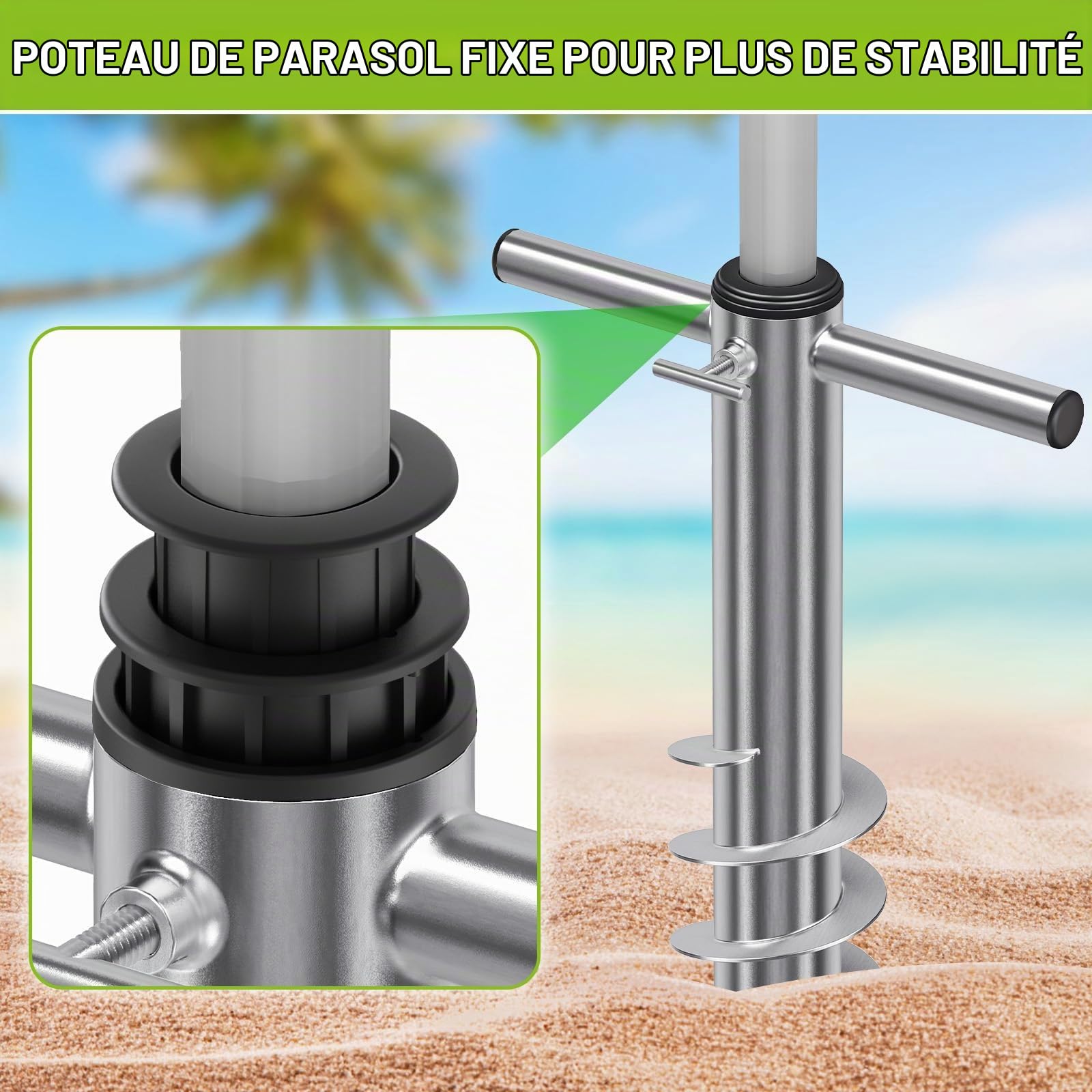 Ancrage de Sable pour Parasol de Plage, ancrage à vis Robuste pour Le Sable, Base Portable au Vent avec 3 Manches, Support entièrement soudé pour poteaux de Parasol d'extérieur de 2,5 cm