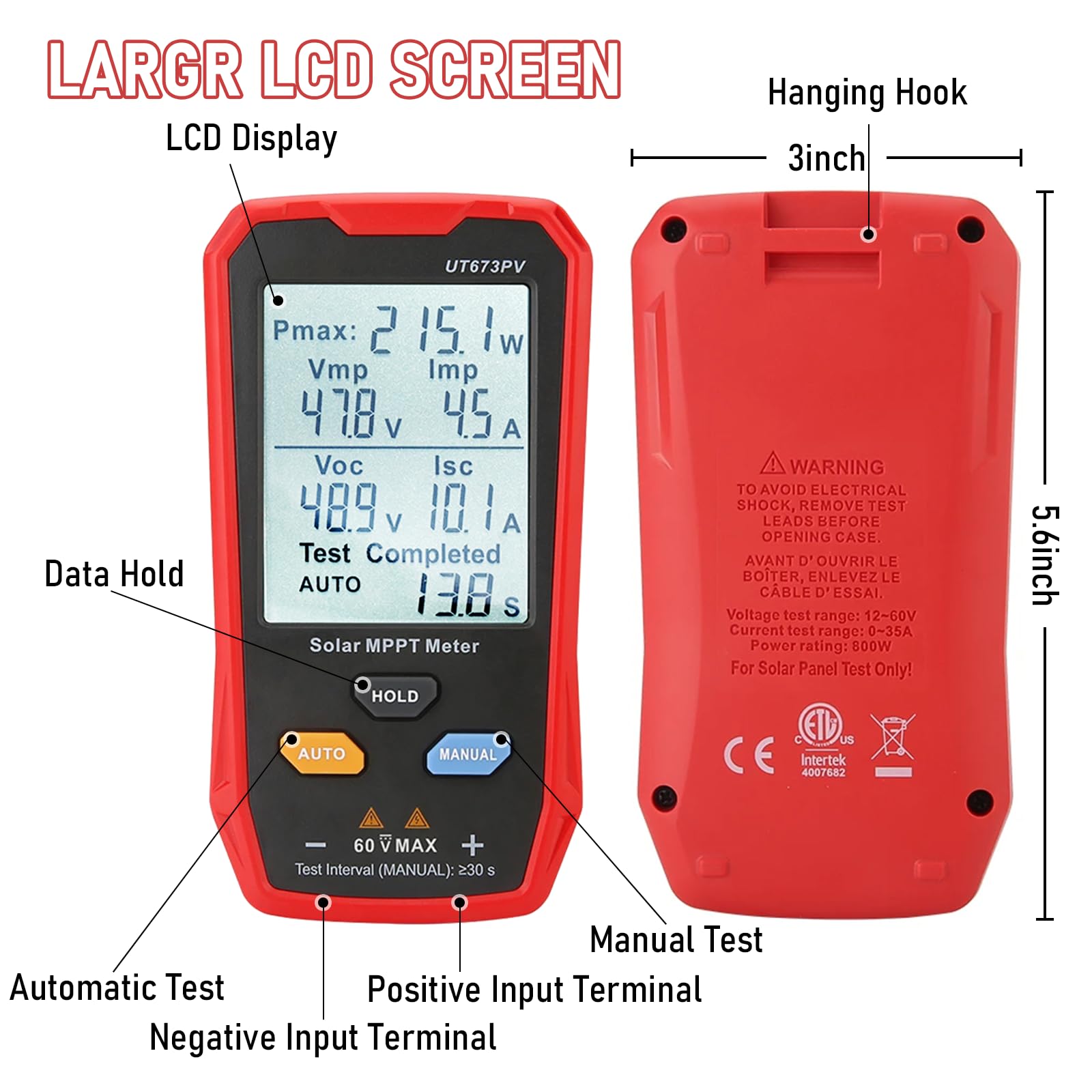 UT673PV Solar Panel Tester, Photovoltaic Multimeter 800W, Solar MPPT Meter with Large Ultra Clear LCD, Smart MPPT Open Circuit Voltage Troubleshooting, Data Test for Photovoltaic Modules — Amazon image 7