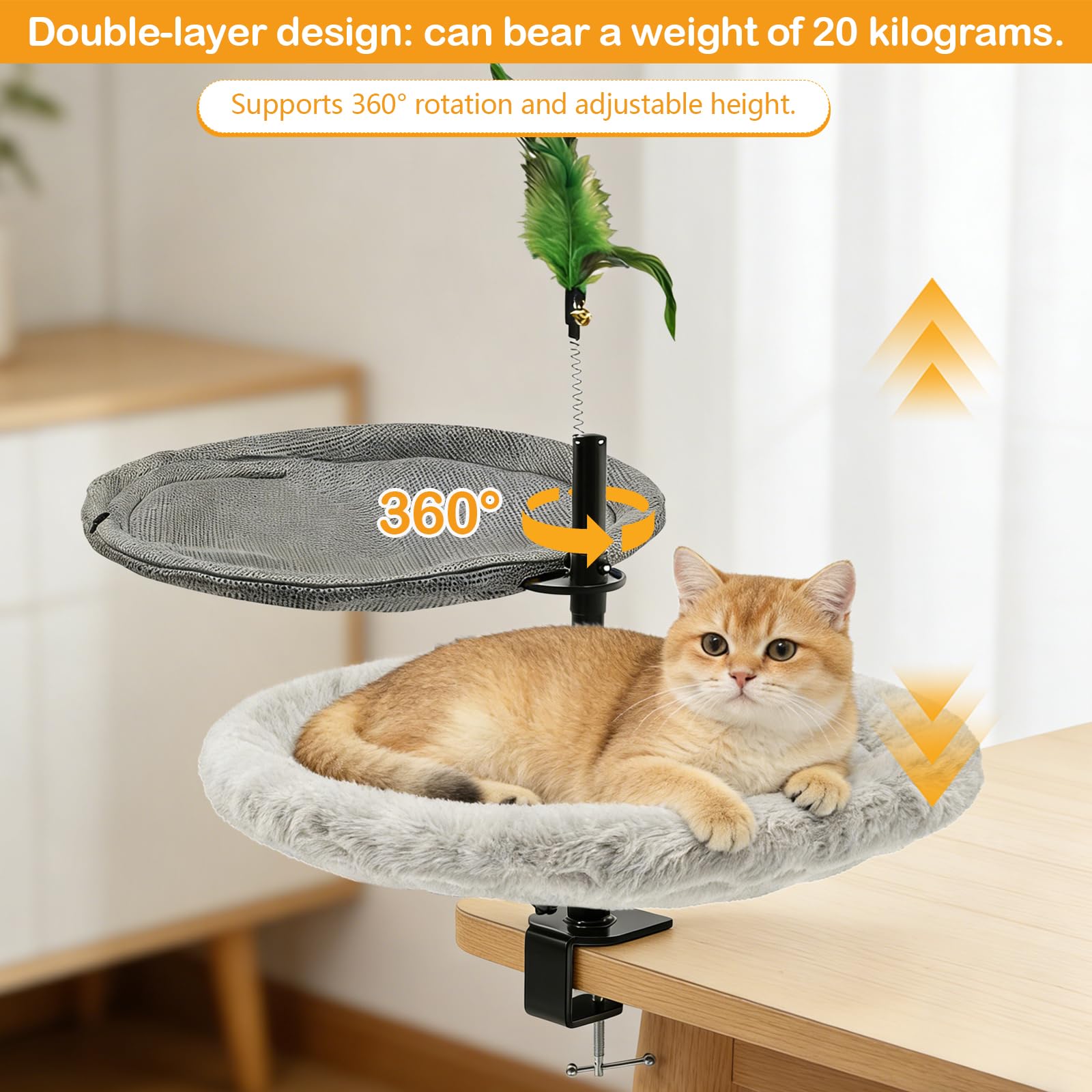 Doppellagig Katzenbett für Schreibtisch, mit Federstab, Höhenverstellung, 360° drehbar, bis 20 kg belastbar, Bequeme Katzenhängematte ideal für Büro, Zuhause und Arbeitsplätze