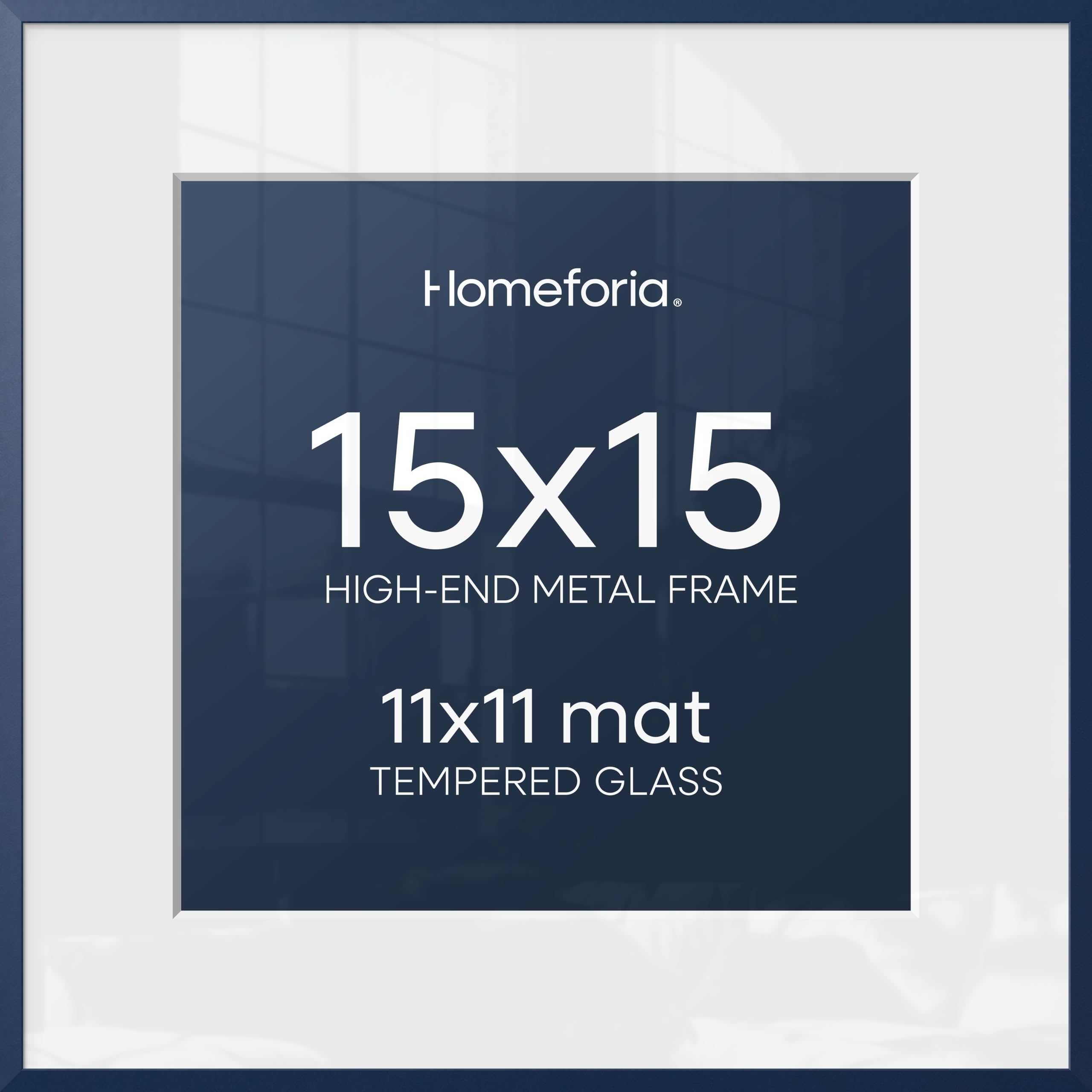 Homeforia 15x15 Blue Picture Frame, High-End Metal, 11x11 Mat, Glass | High End Aluminum, Tempered Glass, Acid-Free 11x11 Removable Mat, 15x15 in Edge-to-Edge Display 15x15, Wall Kit, Set Of 1
