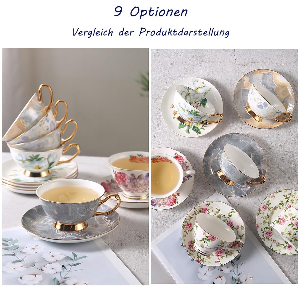 Juego de té de flores europeas de 12 piezas, juego de té de porcelana de hueso, juego de café, 9 opciones.Con caja de regalo. (estampado floral multicolor)