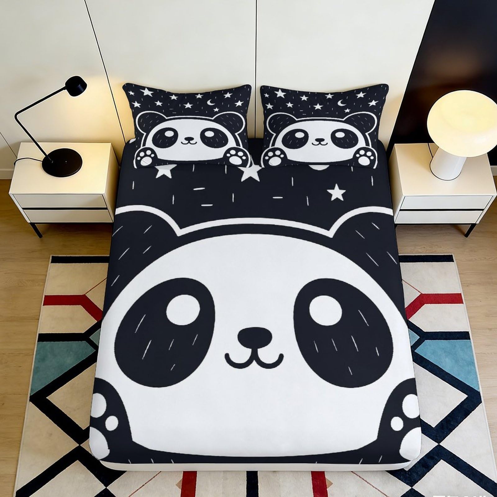 3D Printed Panda Pattern Fitted Sheet Microfiber Soft Breathable Starry Night Mattress Cover for Bedroom Dormitory Guest Room Mattress Protection Decor 180x200x25cm