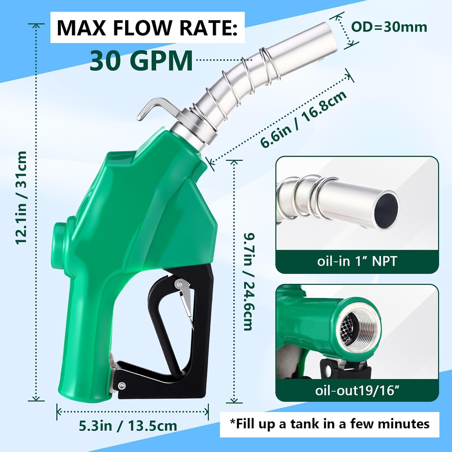 Threlaco 3 Pack 1'' NPT Automatic Fuel Nozzle with Hook Hose Swivel 19/16" (30mm OD) Spout Auto Shut-Off Fueling Gas Pump Nozzle 3-Speed Padlock Flow Rate 30 GPM for Diesel Gasoline Kerosene (Green)