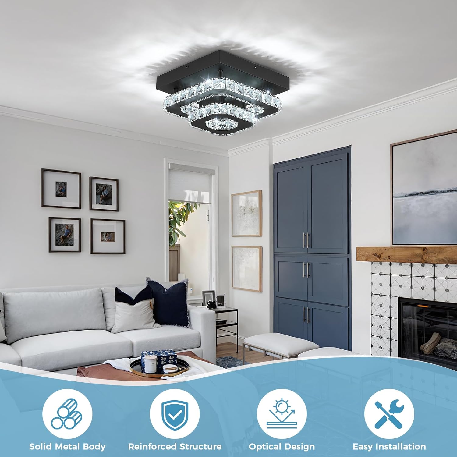 Small Black Square Crystal Chandelier Flush Mount Ceiling Light, 9.8” Surface Mount LED Fixture with Built-in Light, Modern Ceiling Light for Living Room, Dining Room, Bedroom 6000K