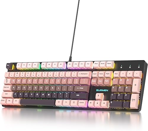 Miniatura 8 de surmen Teclado mecánico marrón con cable de tamaño completo, teclado Thocky RGB de 104 teclas con teclado numérico USB Retro PBT teclas para juegos
