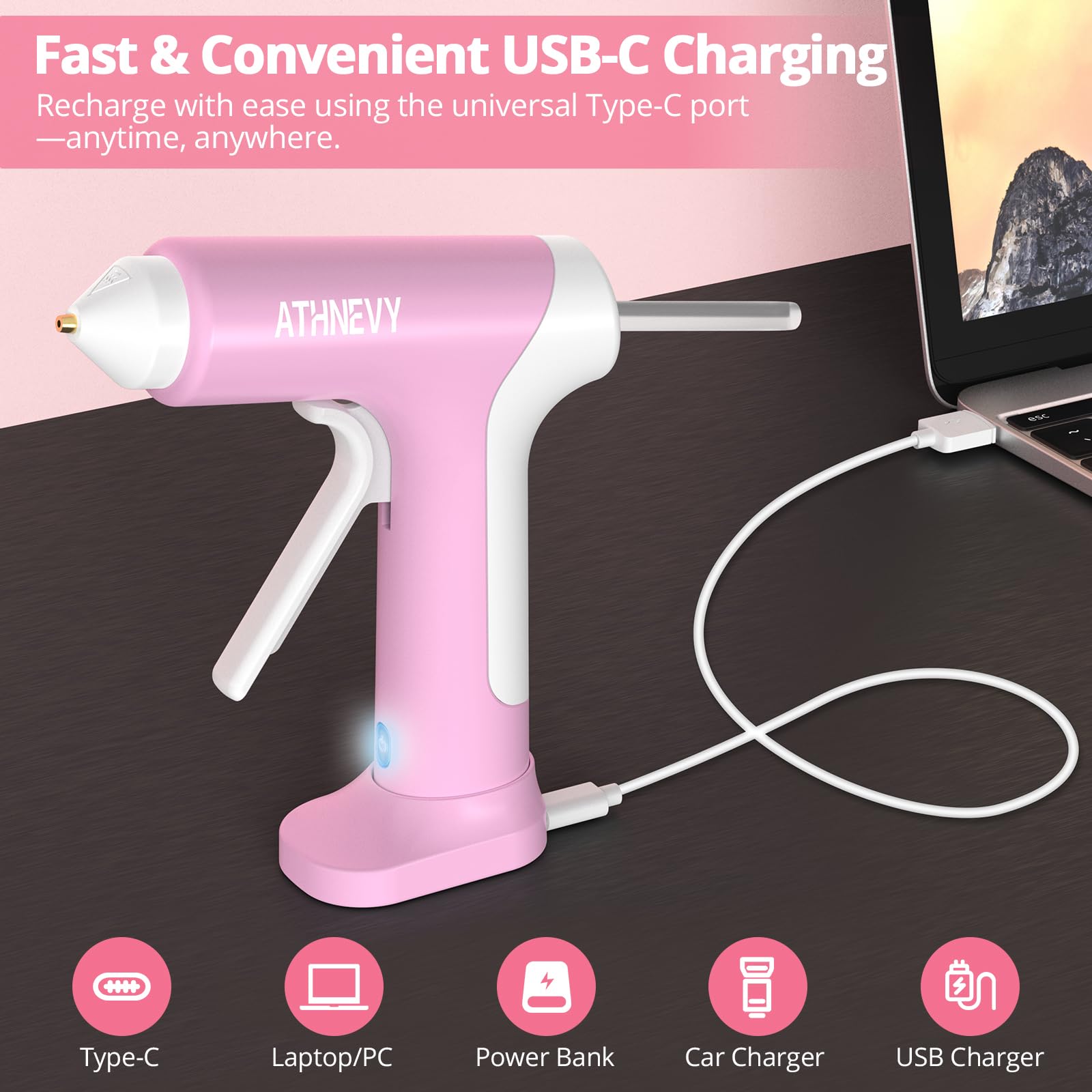 Pistolet à Colle Sans Fil, 4V Pré-chauffage 10s, USB-C, Batterie 2000mAh Indicateur, Régulation Température, Buse Anti-Goutte, Arrêt Auto, 30 Bâtons 7mm, DIY Réparation Projets Scolaires (Rose)